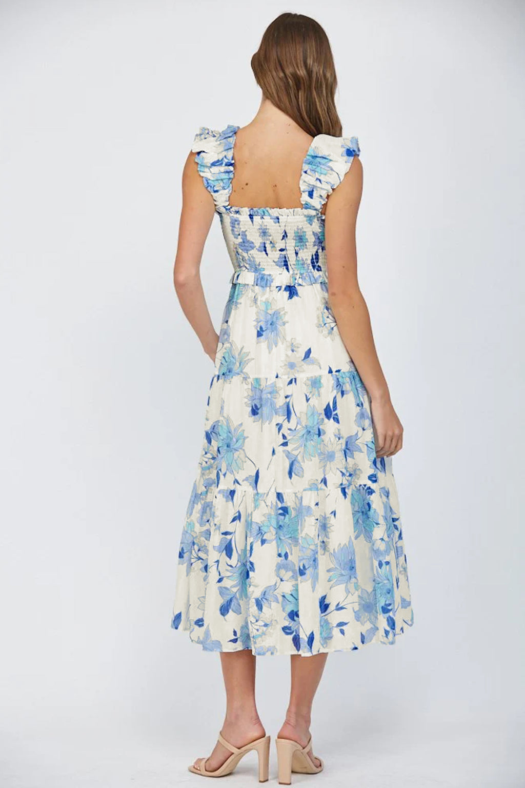 Women's Sky Blue Floral Smocked Maxi Dress Ruffled Straps High Waist S-XL at LivelyLooks