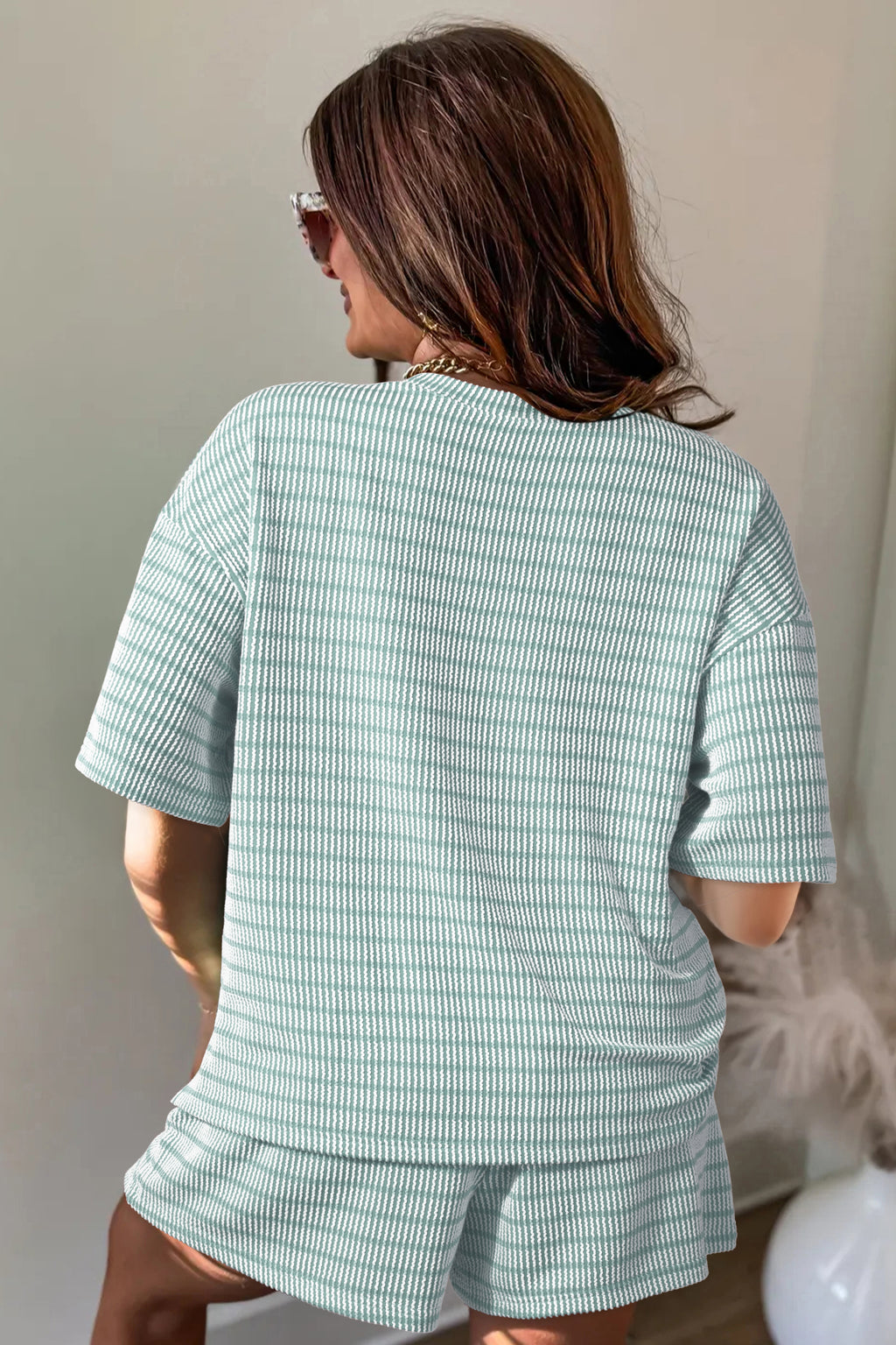 LivelyLooks Stripe Raised Rib Tee & Drawstring Shorts Set Women's S-XL women's fashion
