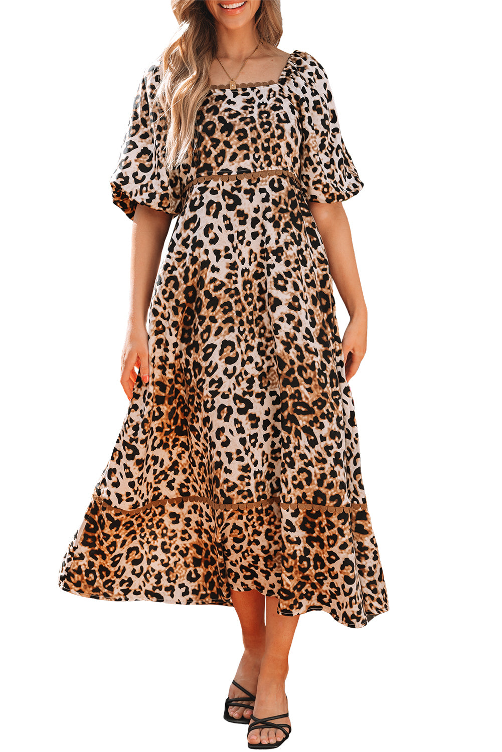 Women's Brown Leopard Print Bubble Sleeve Square Neck Maxi Dress at LivelyLooks