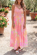 Pink Spaghetti Strap Floral Shirred High Waist Midi Dress S-XL