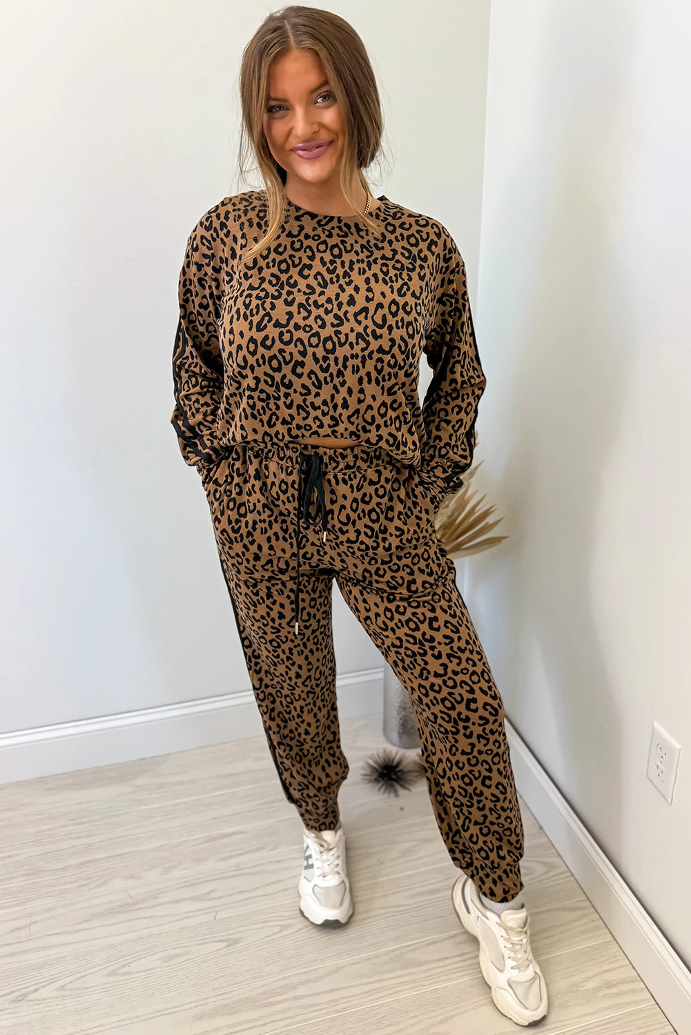 Brown Varsity Stripe Leopard Print Long Sleeve Top & Drawstring Trouser Set