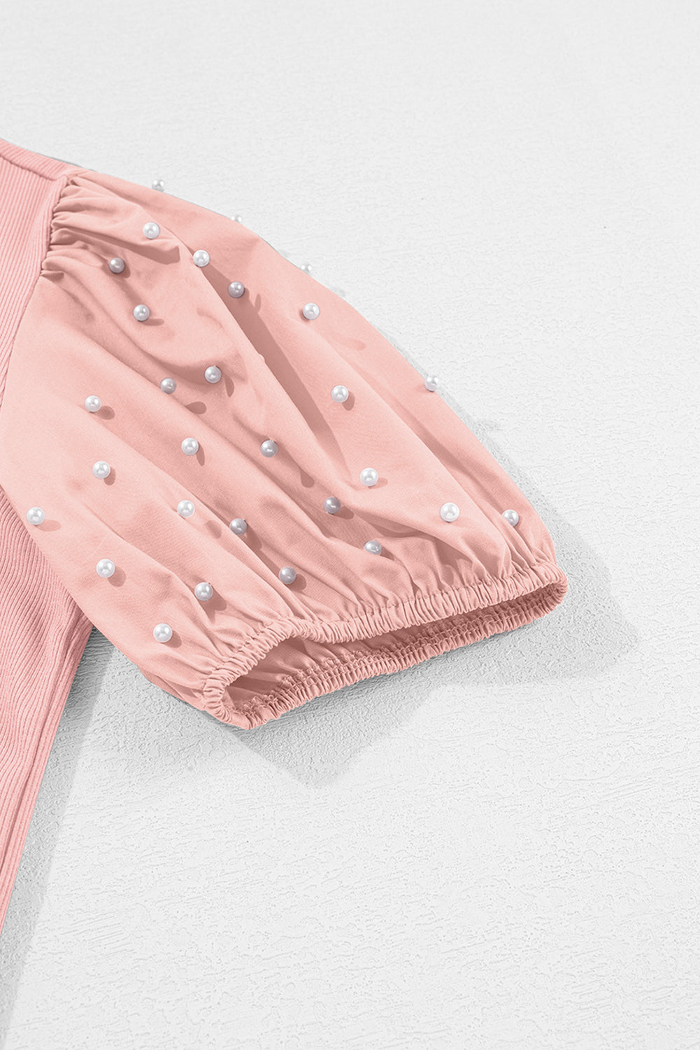 Ribbed Pearl Beaded Puff Sleeve Top