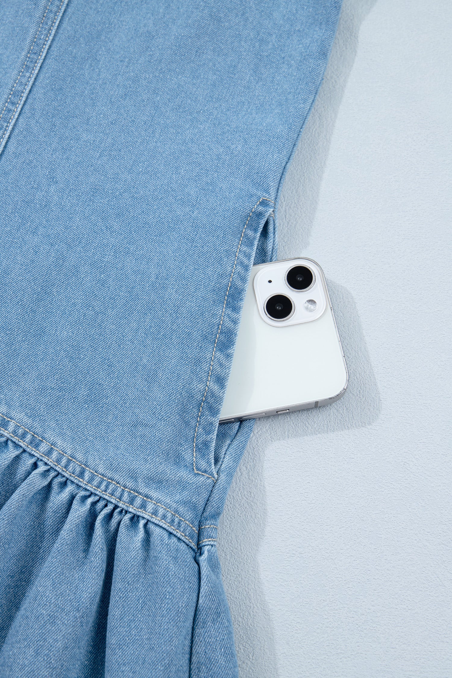 Shop Blue Patchwork Denim Mini Dress Button Down Puff Sleeve Ruffle Hem at LivelyLooks