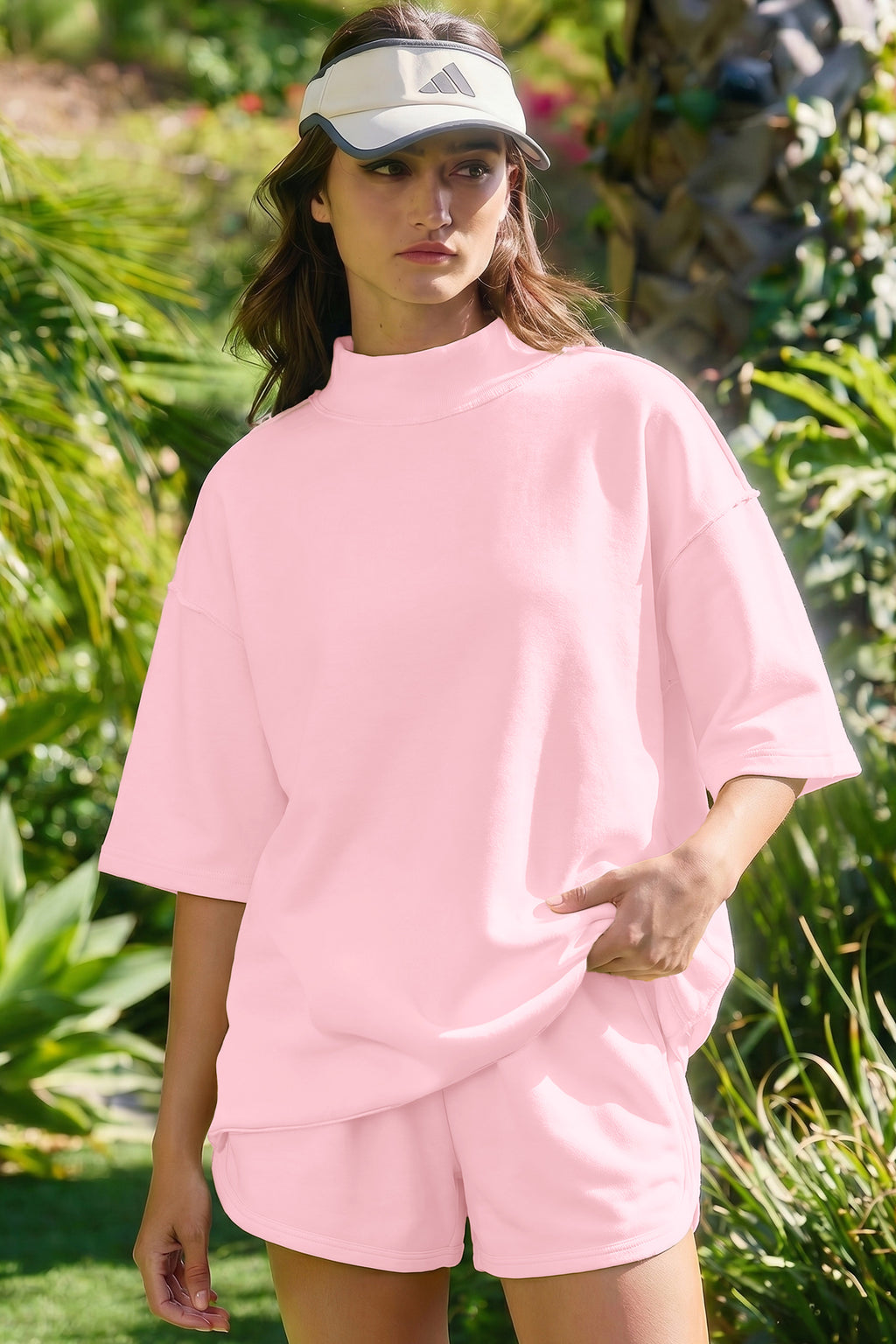Exposed Seam Mock Neck Oversized Tee & Shorts Set – Mist Blue