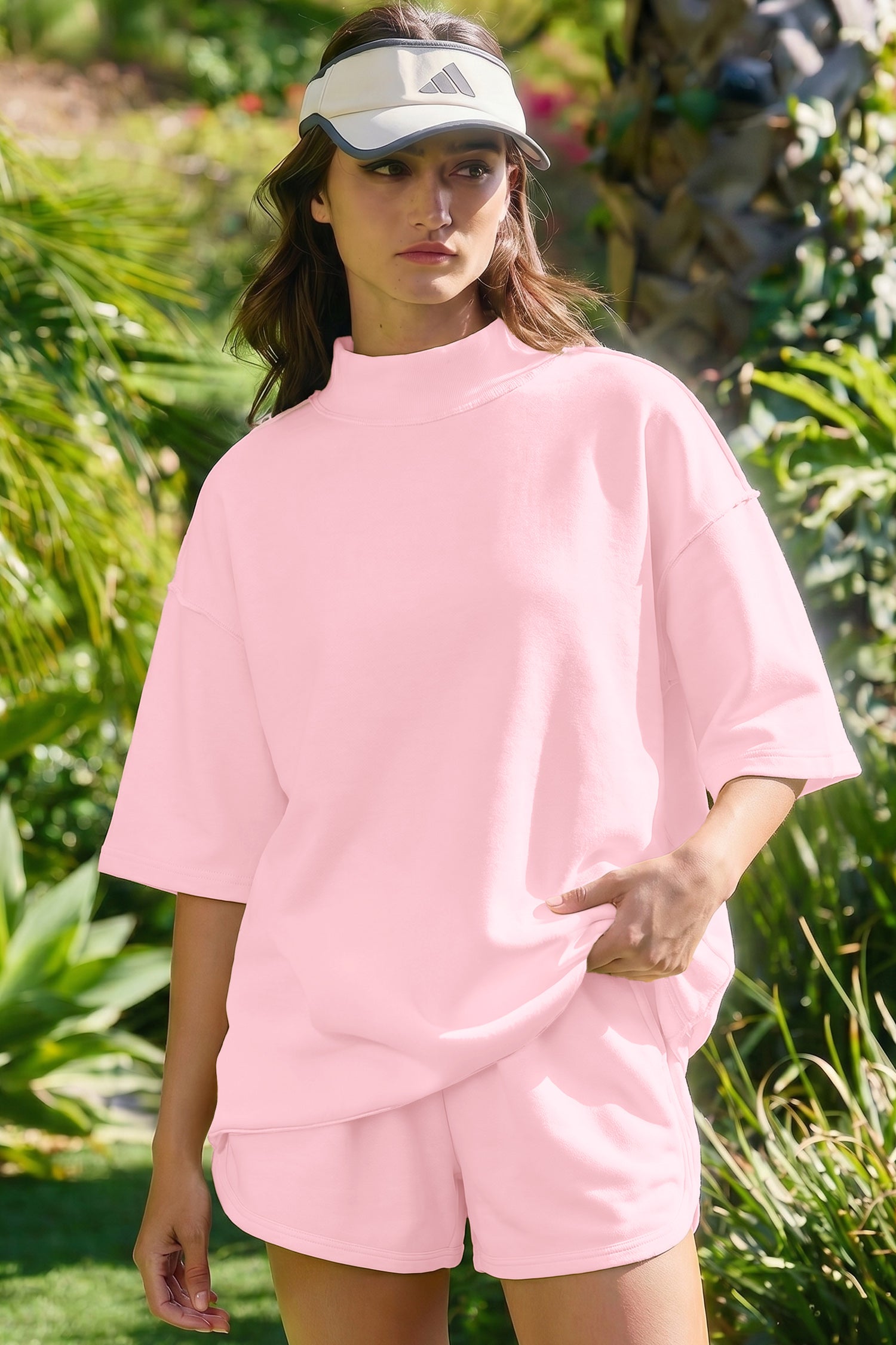 Exposed Seam Mock Neck Oversized Tee & Shorts Set – Mist Blue