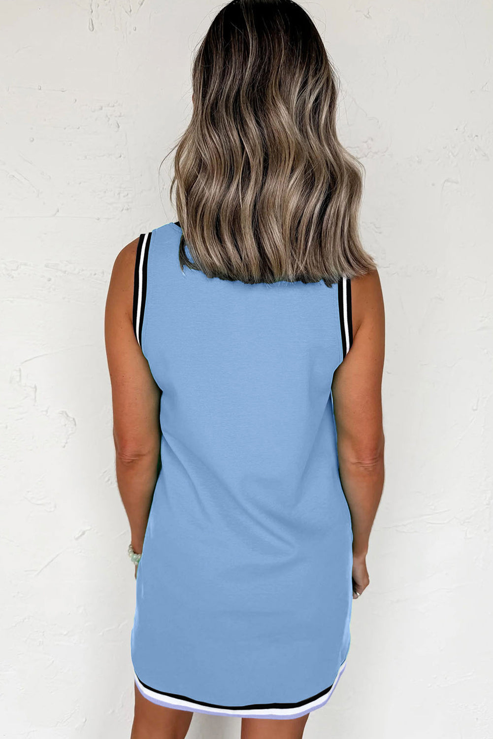 Green Purple Blue Contrast Trim V Neck Sleeveless Dress S-XL