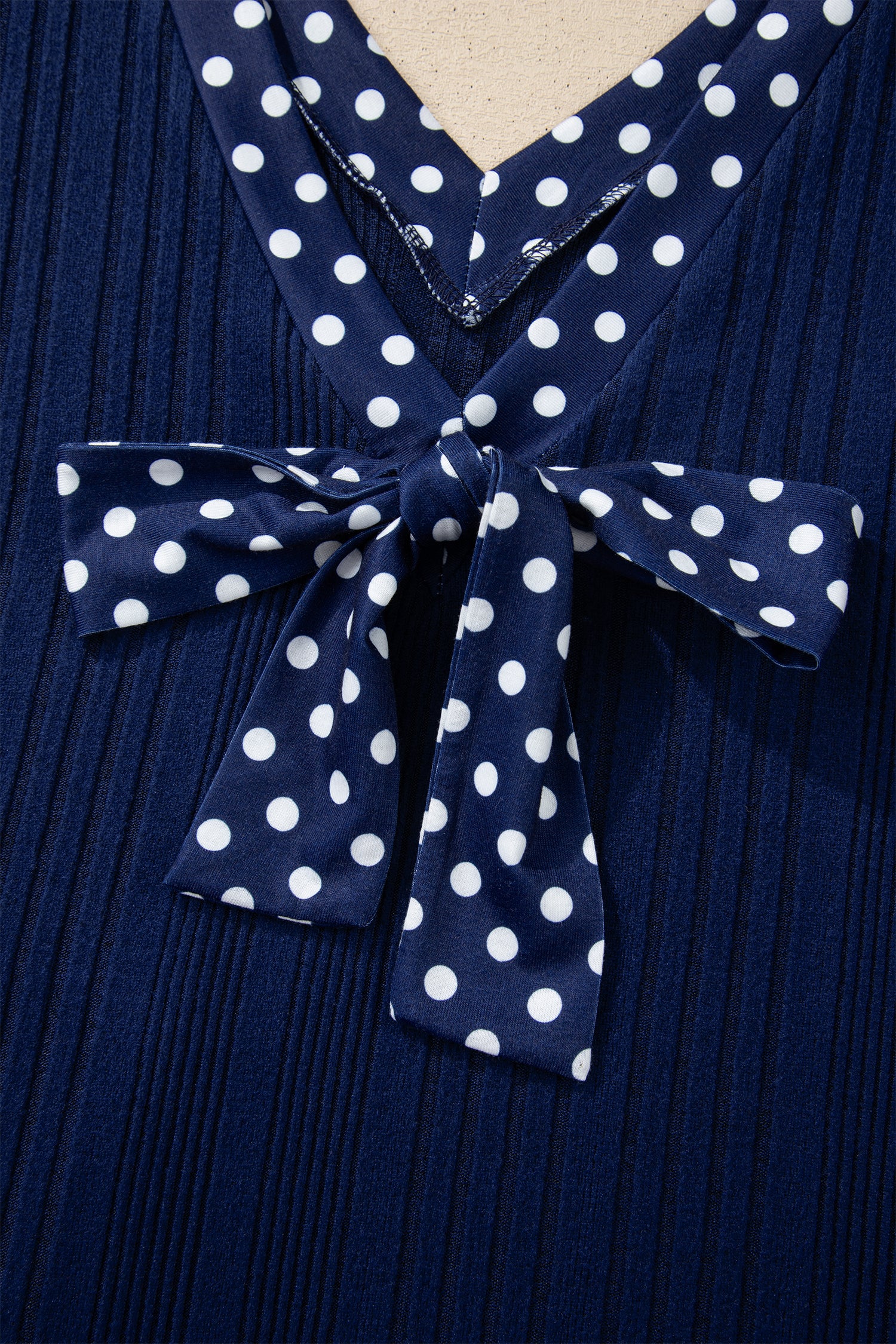 Women's Dusty Blue Polka Dot Trim Bow Tie V Neck Ribbed Top at LivelyLooks