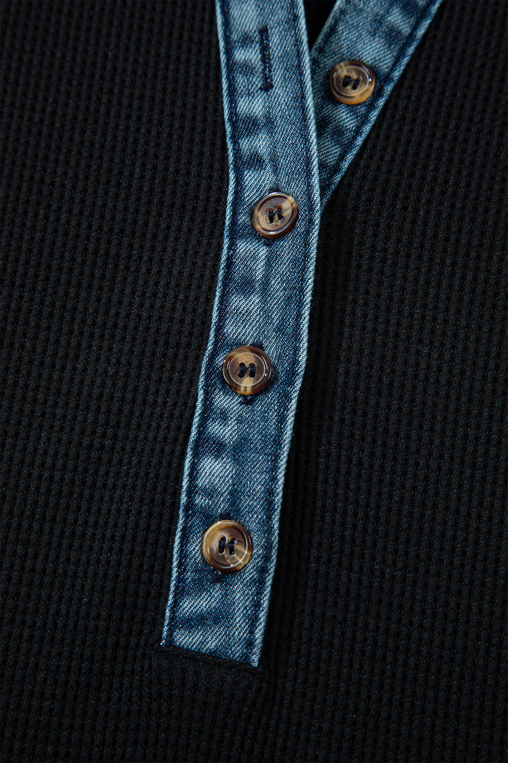Black Waffle Knit Denim Contrast Trim Polo Button Tee Dress