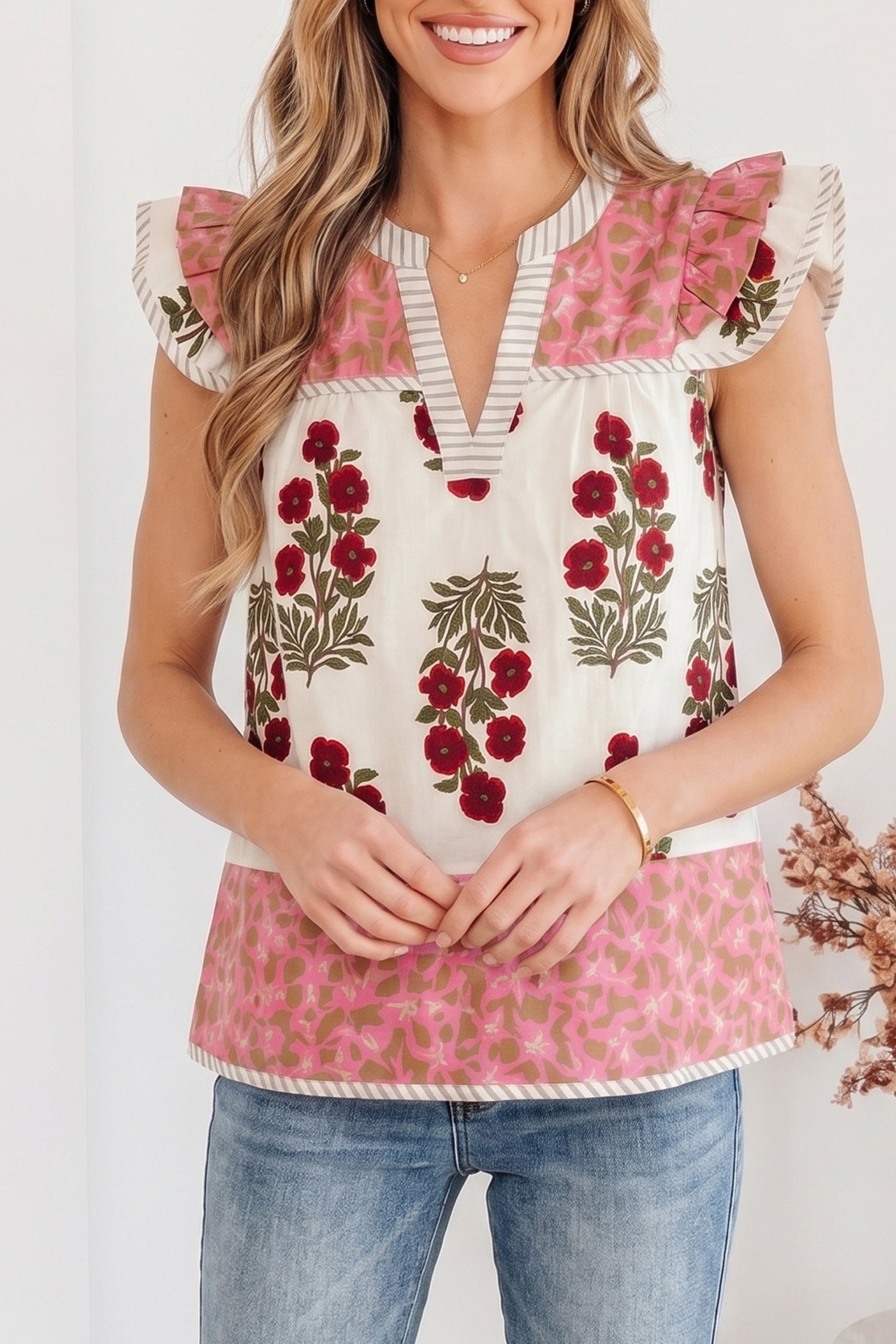 White Floral Print Flutter Blouse Contrast Striped Trim Cotton Women S-XL
