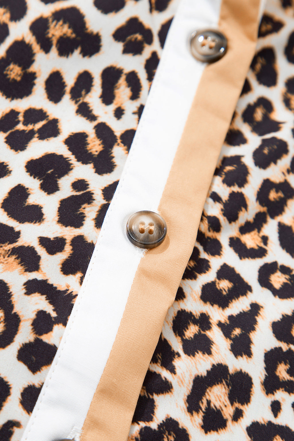 Women's Khaki Button Striped Collar Leopard Print Long Sleeve Flared Dress at LivelyLooks