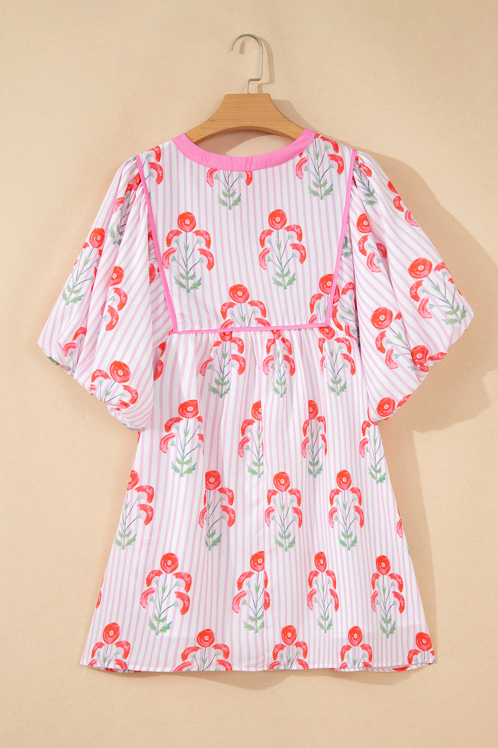 Pink & Sky Blue Floral Stripe Tie Notched Neck Puff Sleeve Mini Dress S-XL