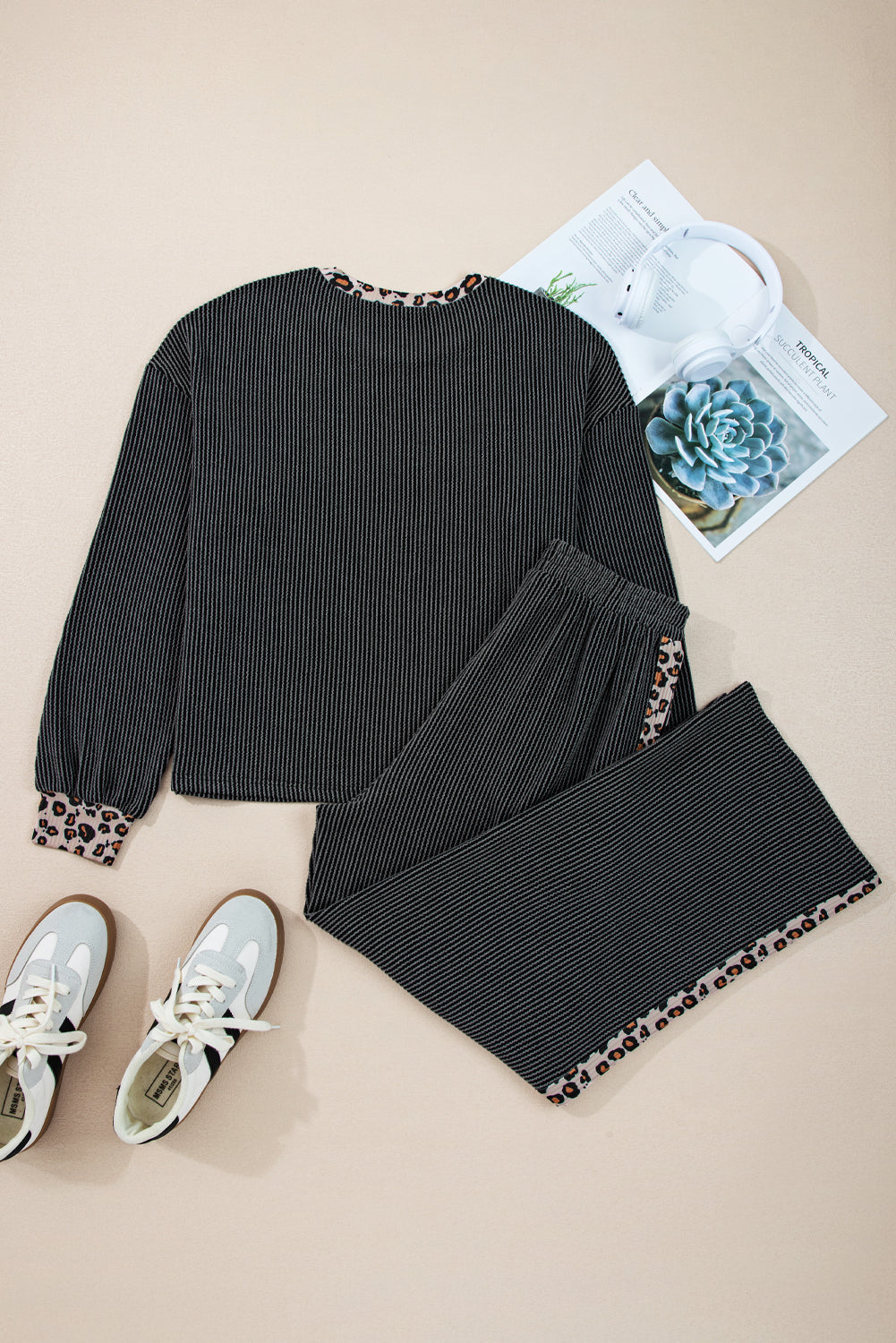 Carbon Grey Twisted Rib Leopard Patchwork Top & Pant Set | UK 8–22