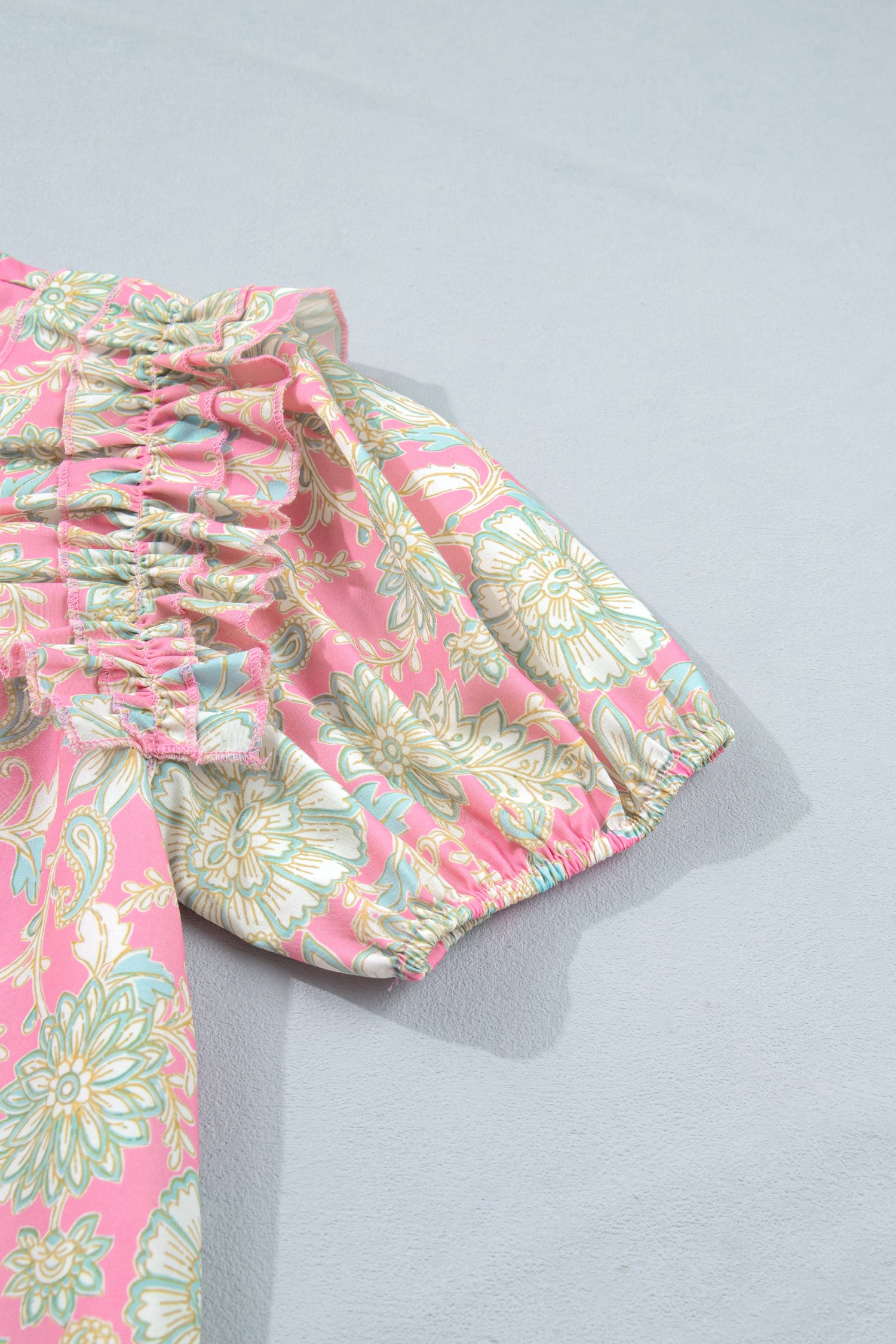 Pink Floral Tie Neck Short Puff Sleeve Blouse