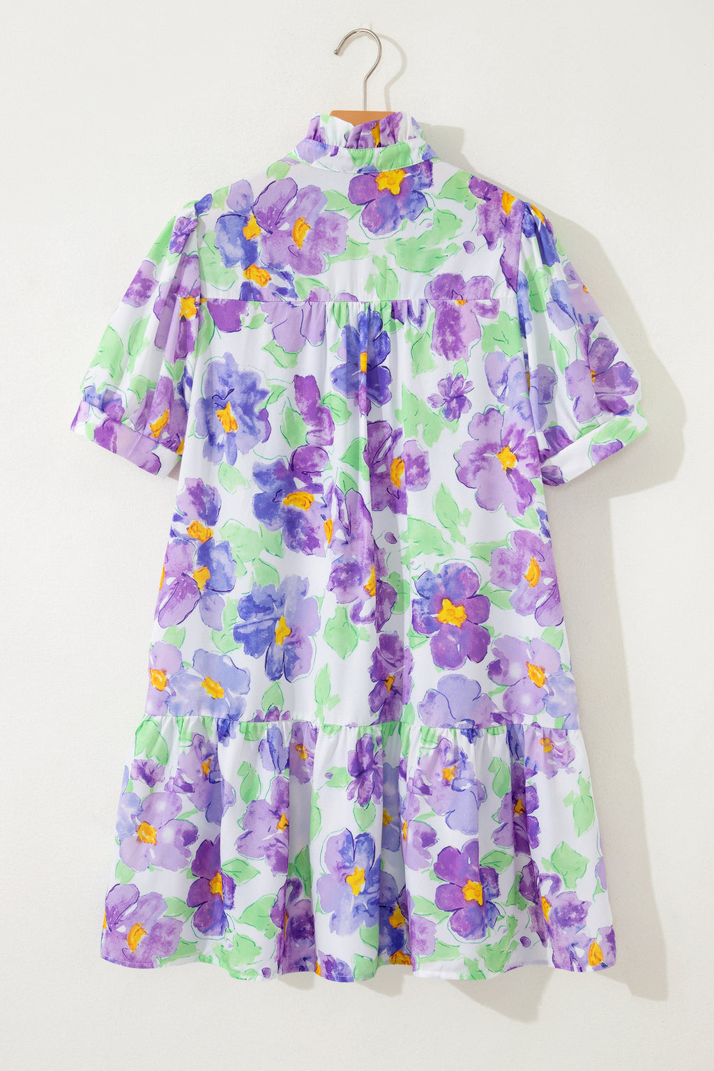 Purple Floral V Collar Short Sleeve Tiered Ruffle Mini Dress S-XL