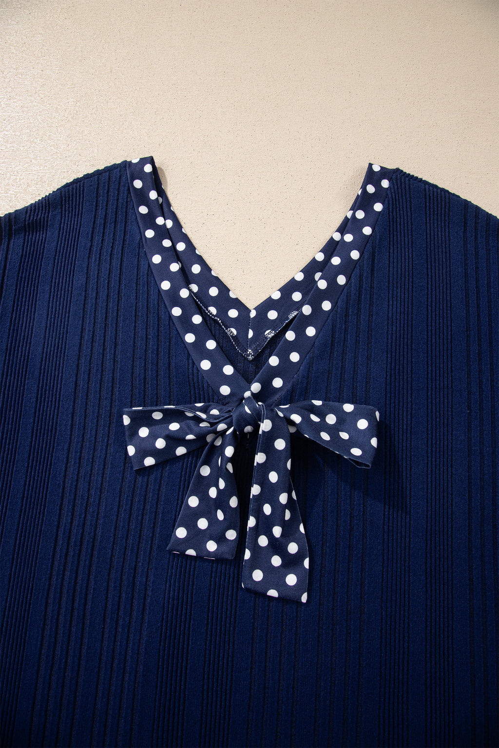 Women's Dusty Blue Polka Dot Trim Bow Tie V Neck Ribbed Top at LivelyLooks