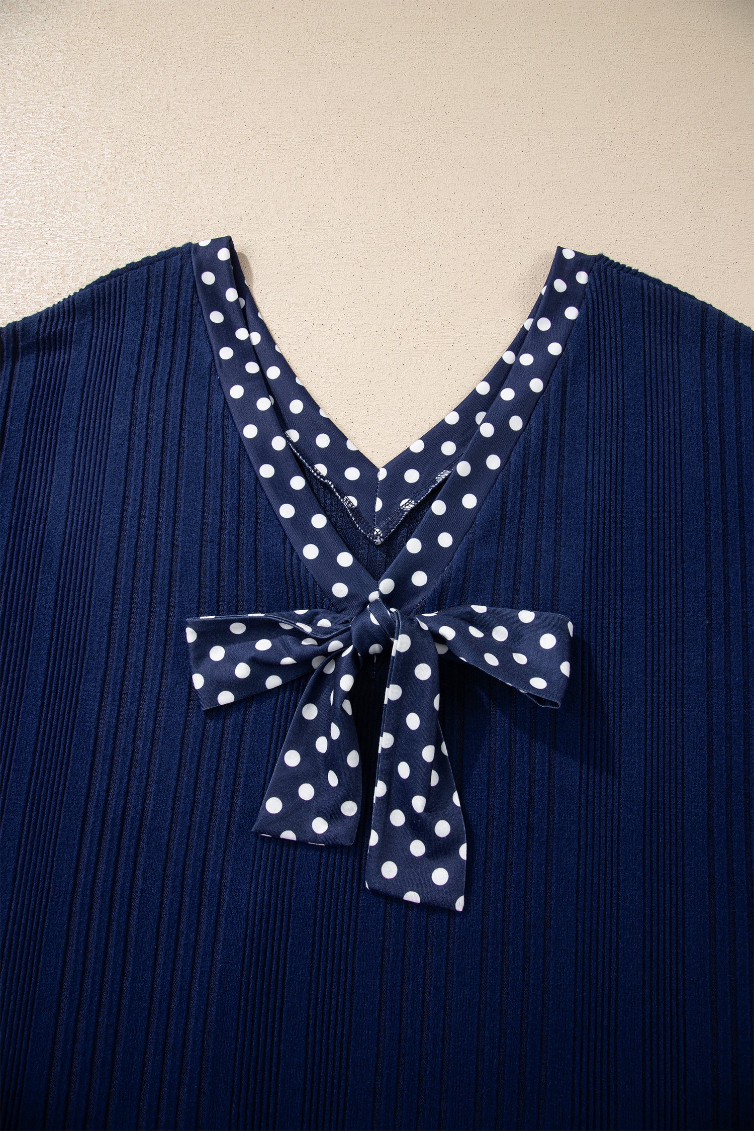 Women's Dusty Blue Polka Dot Trim Bow Tie V Neck Ribbed Top at LivelyLooks
