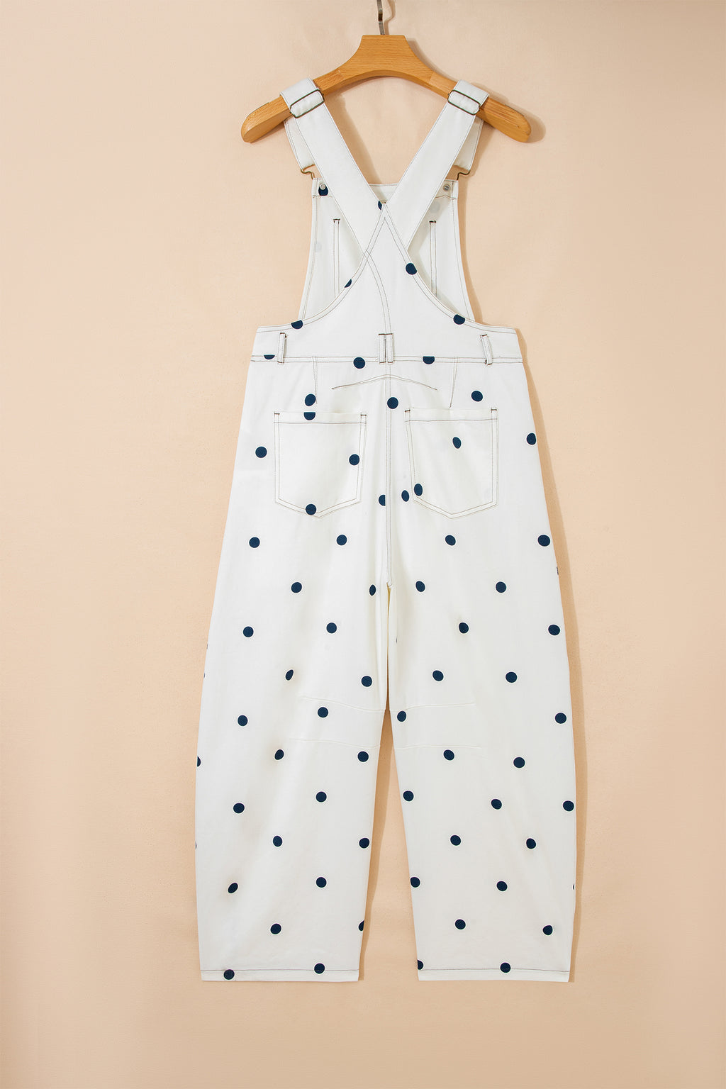 Polka Dot Denim Barrel Overalls Jumpsuit | Cream Beige Pink UK 8–22