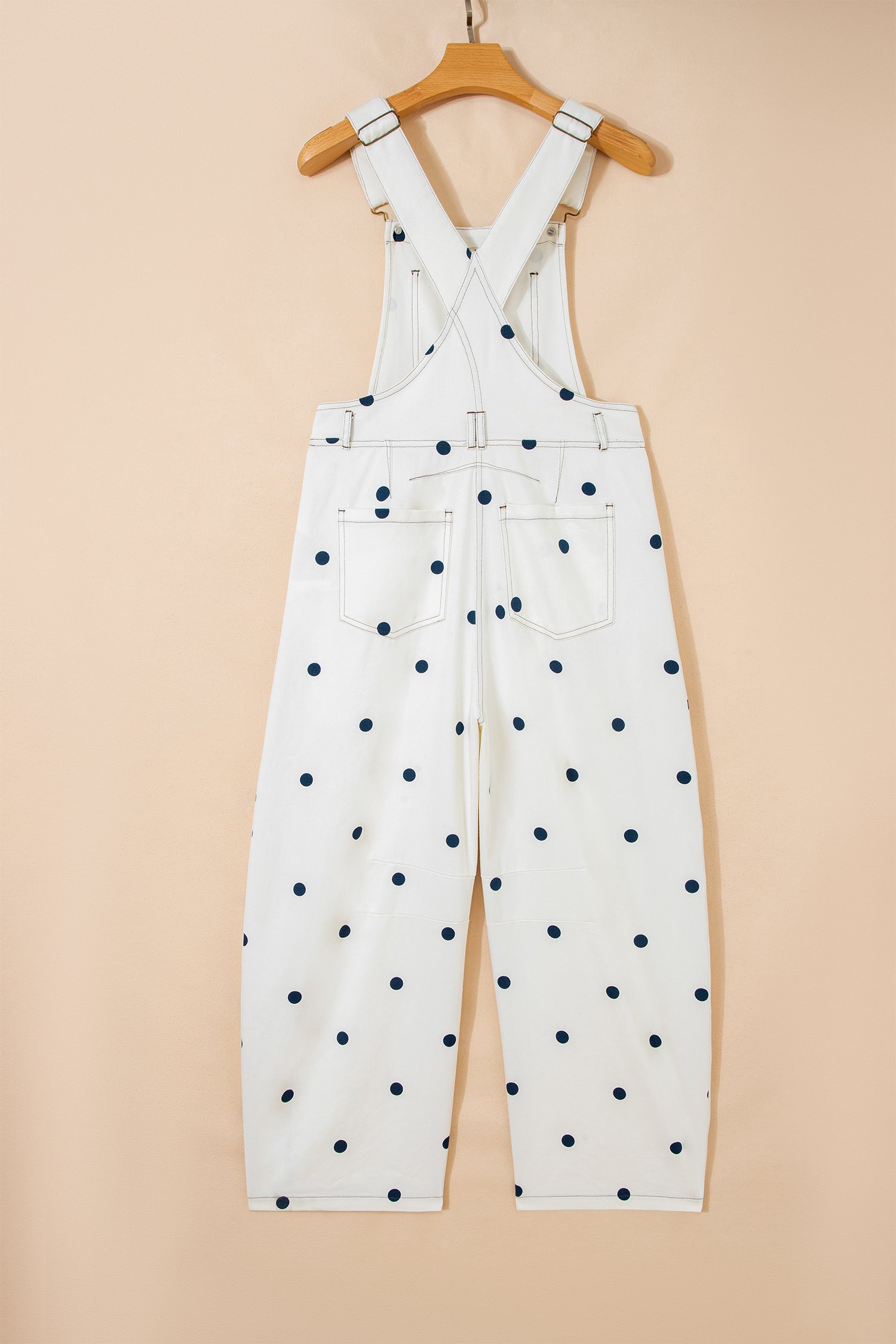 Polka Dot Denim Barrel Overalls Jumpsuit | Cream Beige Pink UK 8–22