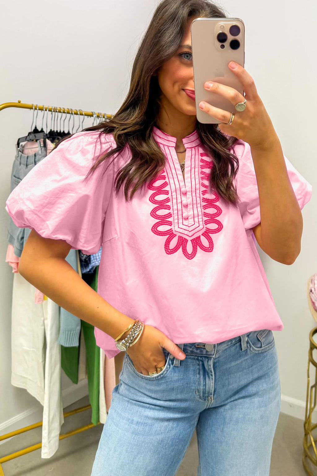Pink Boho Embroidered Puff Sleeve Cotton Blouse | Sizes 8-22