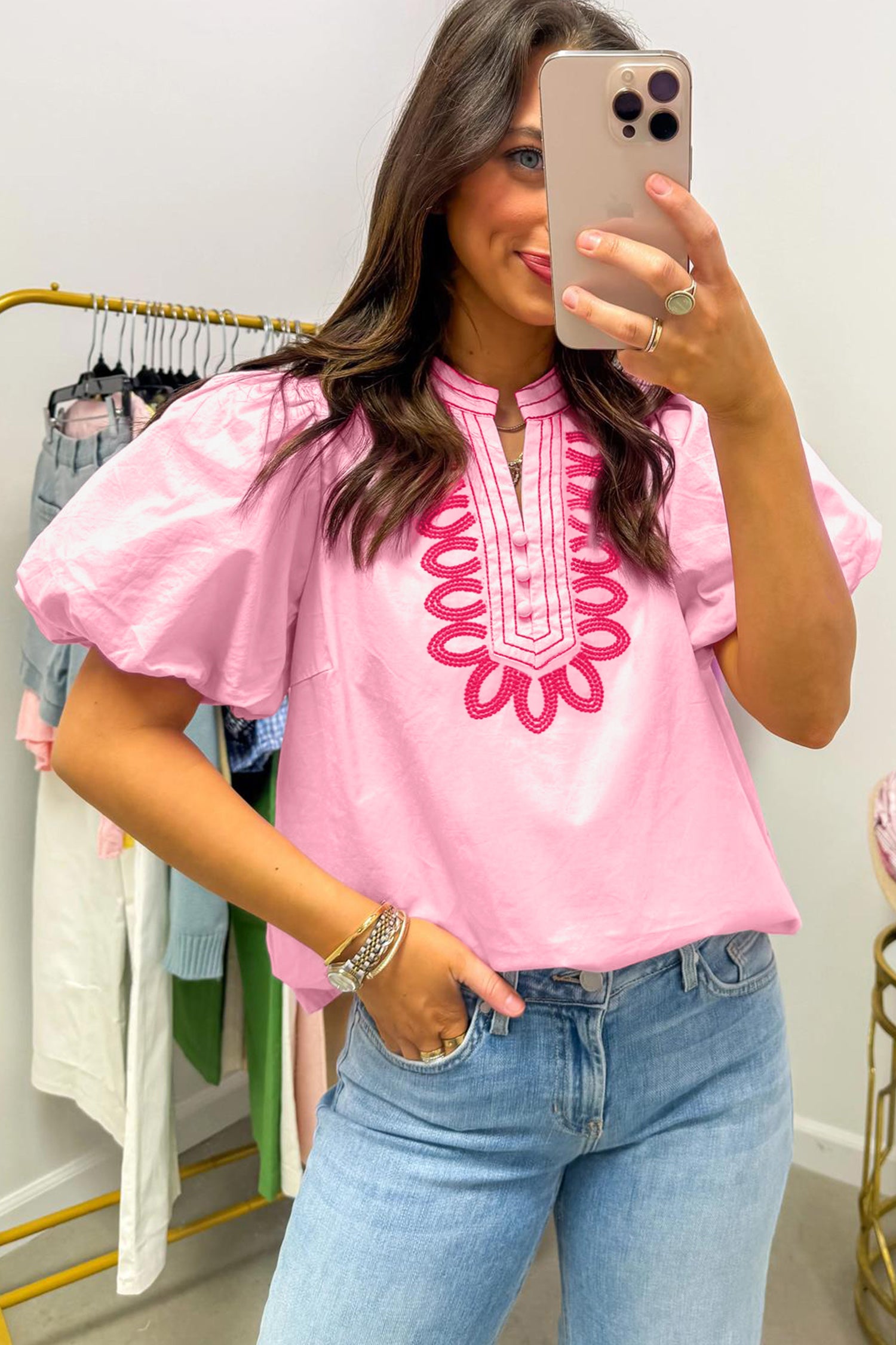 Pink Boho Embroidered Puff Sleeve Cotton Blouse | Sizes 8-22