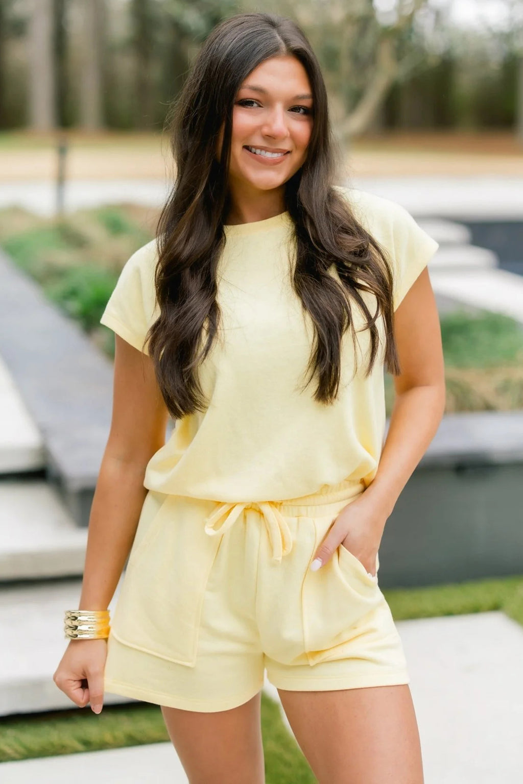 Yellow Cream Solid Tee & Drawstring Shorts Comfy 2-Piece Set