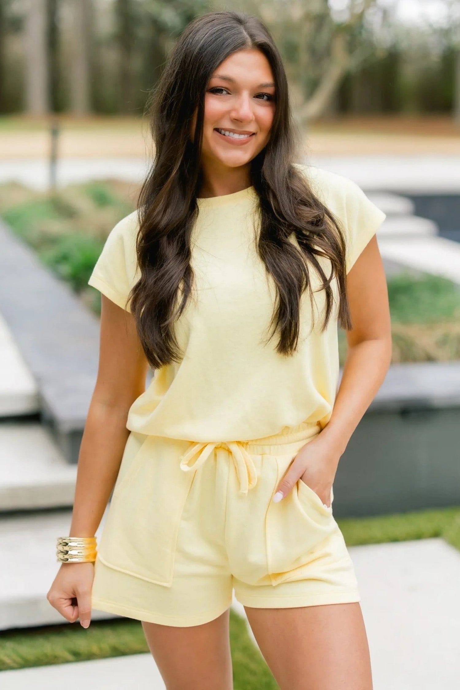 Yellow Cream Solid Tee & Drawstring Shorts Comfy 2-Piece Set