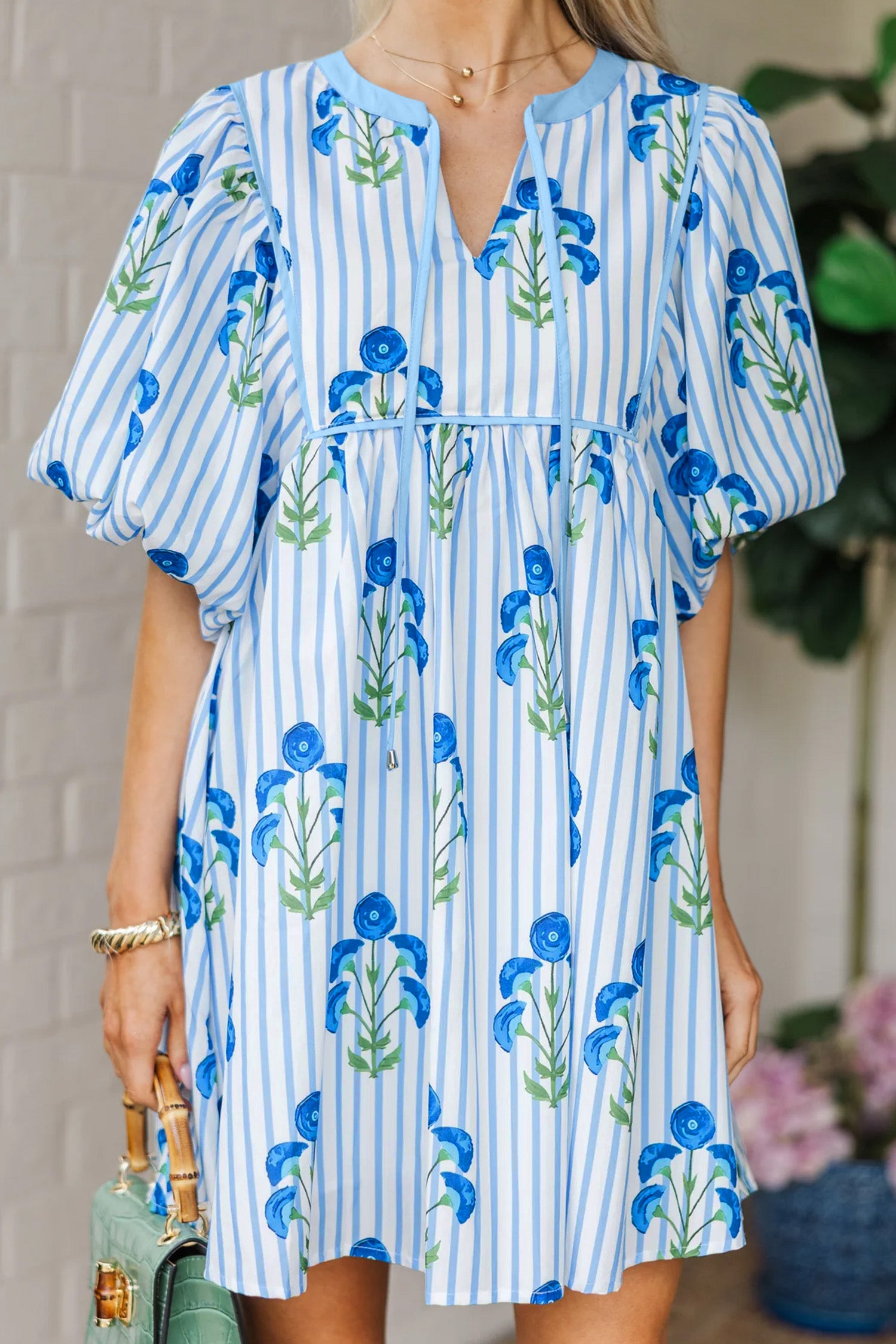 Pink & Sky Blue Floral Stripe Tie Notched Neck Puff Sleeve Mini Dress S-XL