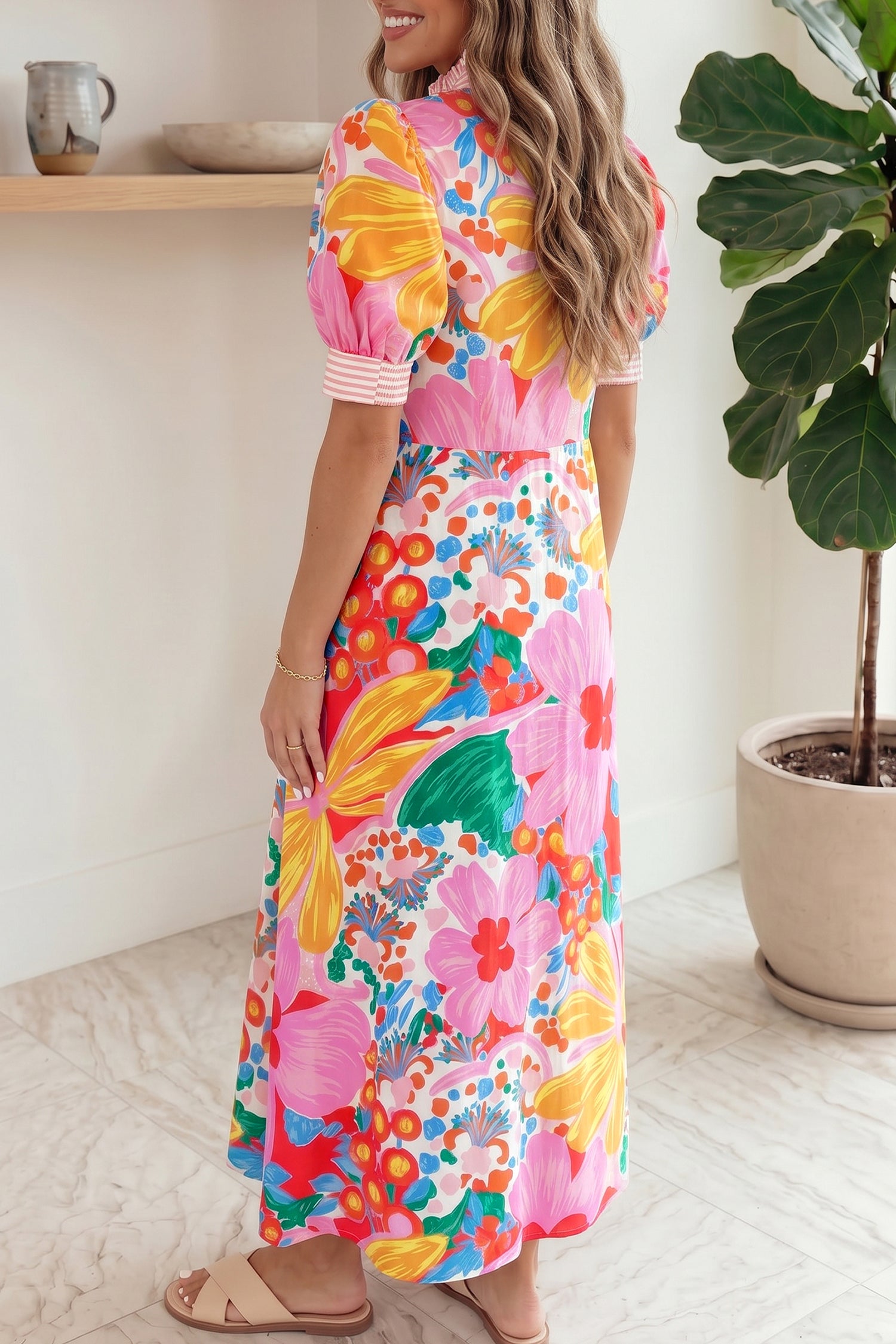 Floral Print Vacation Dress Striped Trim Button Down Short Sleeve Green Pink S-XL