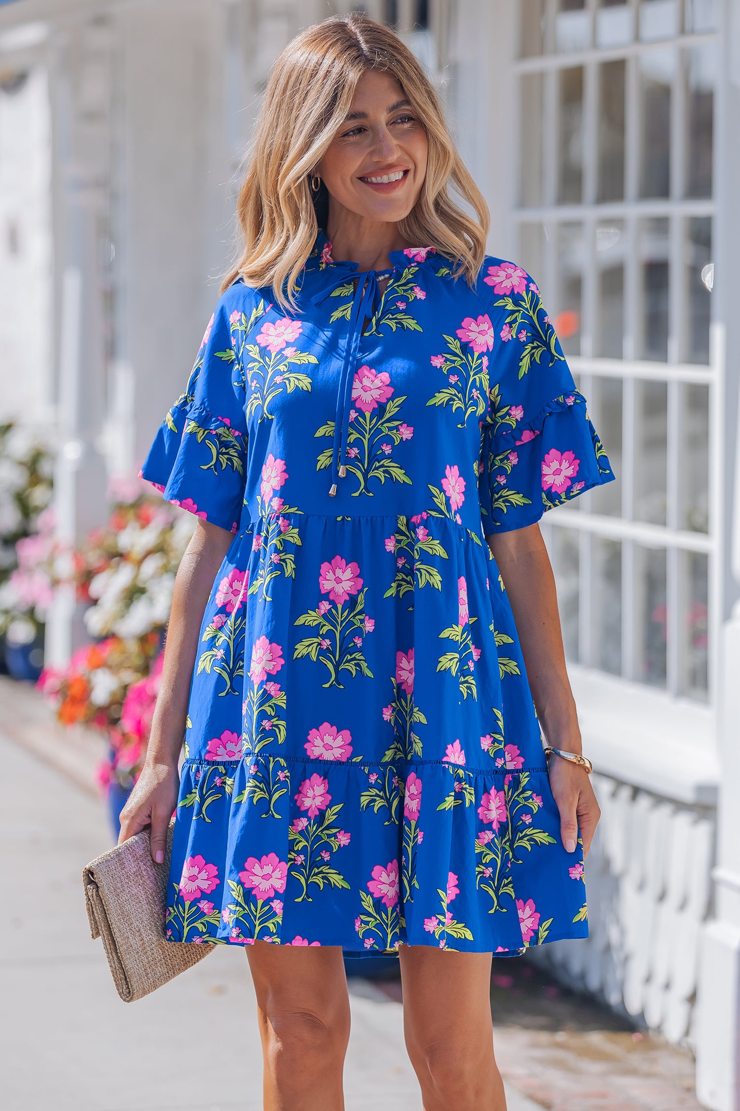 Blue V Neck Short Sleeve Loose Floral Maxi Dress S-XL