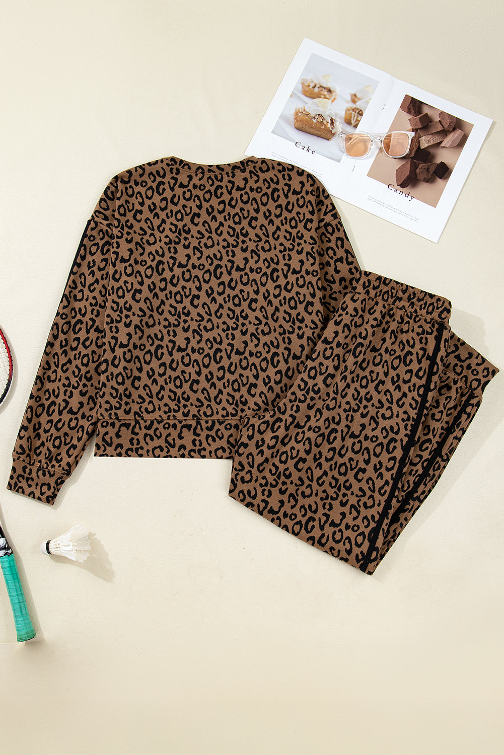 Brown Varsity Stripe Leopard Print Long Sleeve Top & Drawstring Trouser Set