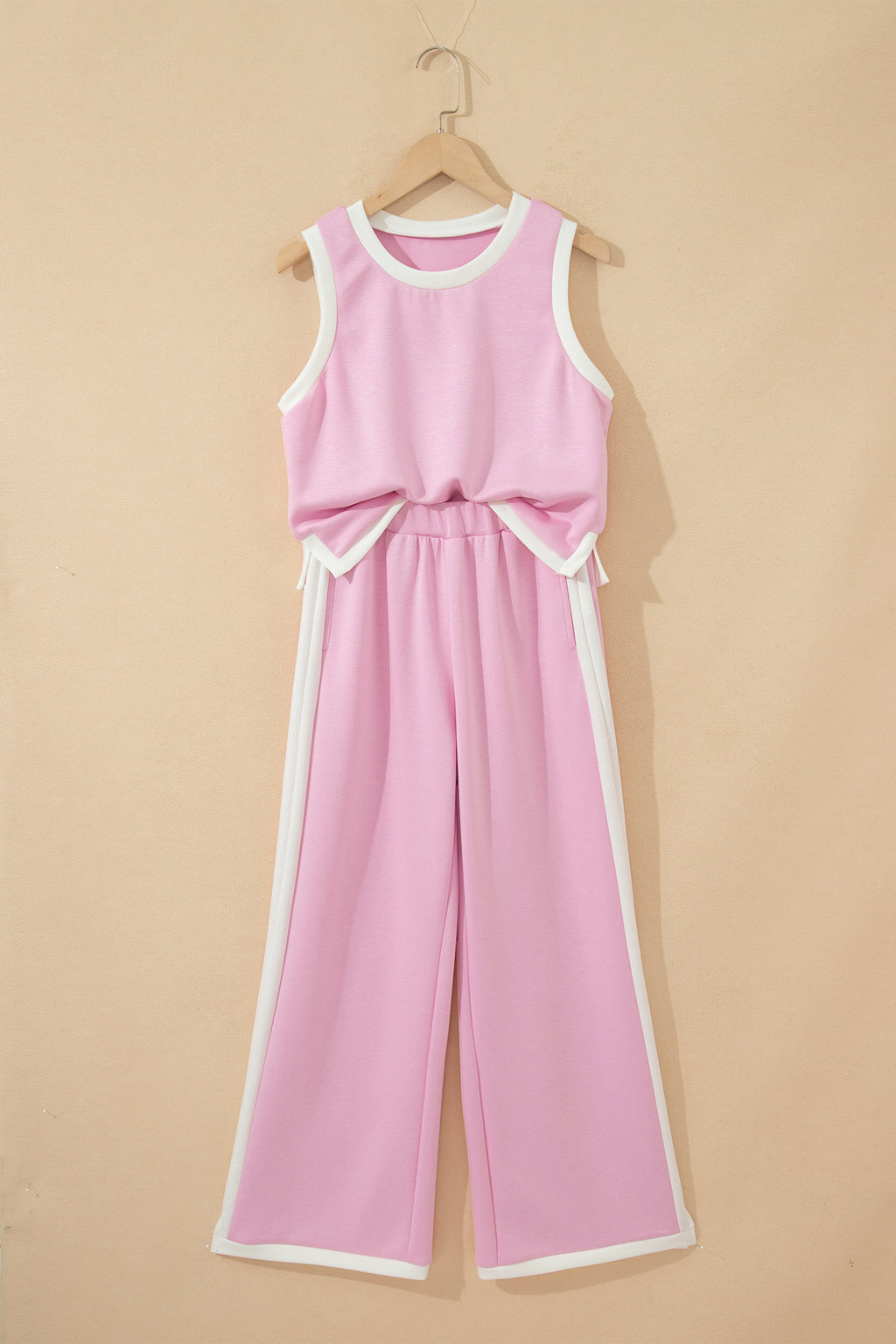 Colourblock Trim Cropped Tank & Wide Leg Trousers Set | Pink & Sky Blue | Sizes 8-22