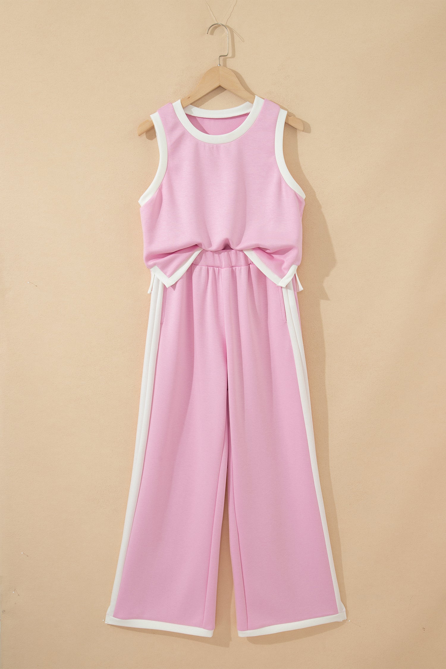 Colourblock Trim Cropped Tank & Wide Leg Trousers Set | Pink & Sky Blue | Sizes 8-22