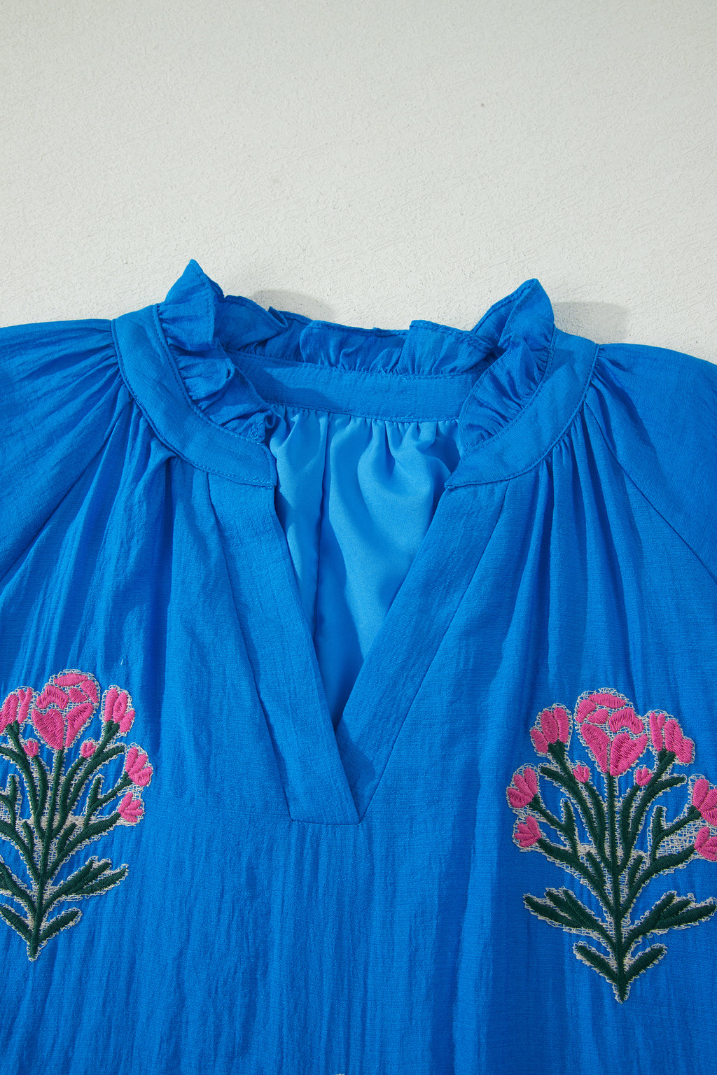Blue Flower Embroidered Split Neck Puff Sleeve Ruffle Hem Mini Dress S-XL