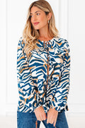 Blue Zebra Print Puff Sleeve Top Tied Front Women S-XL