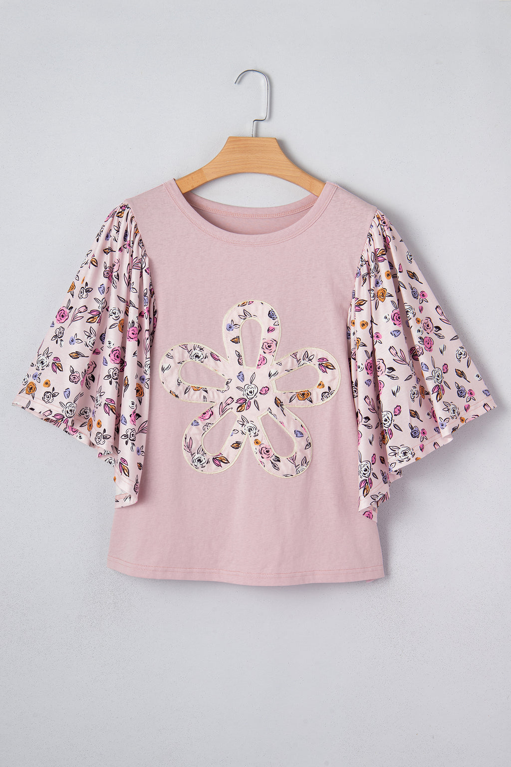 Women's Pink Contrast Floral Patched Flowy Half Sleeve Blouse at LivelyLooks
