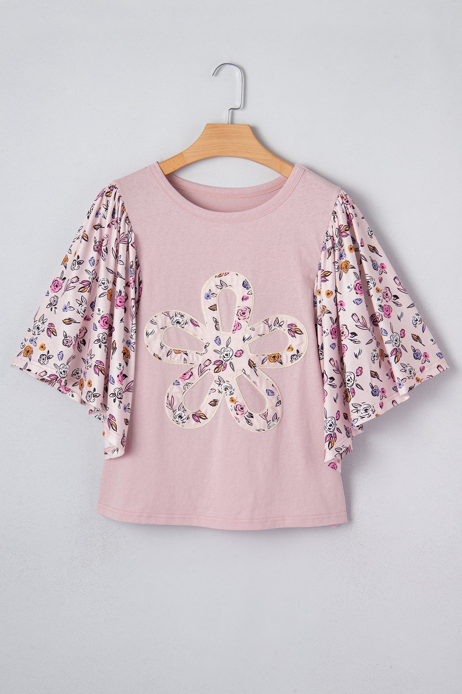 Women's Pink Contrast Floral Patched Flowy Half Sleeve Blouse at LivelyLooks