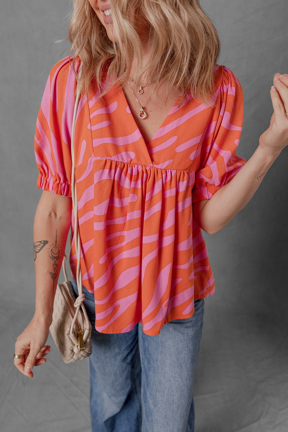 Orange Zebra Print Blouse Ruched Cuff Half Sleeve V Neck Women S-XL