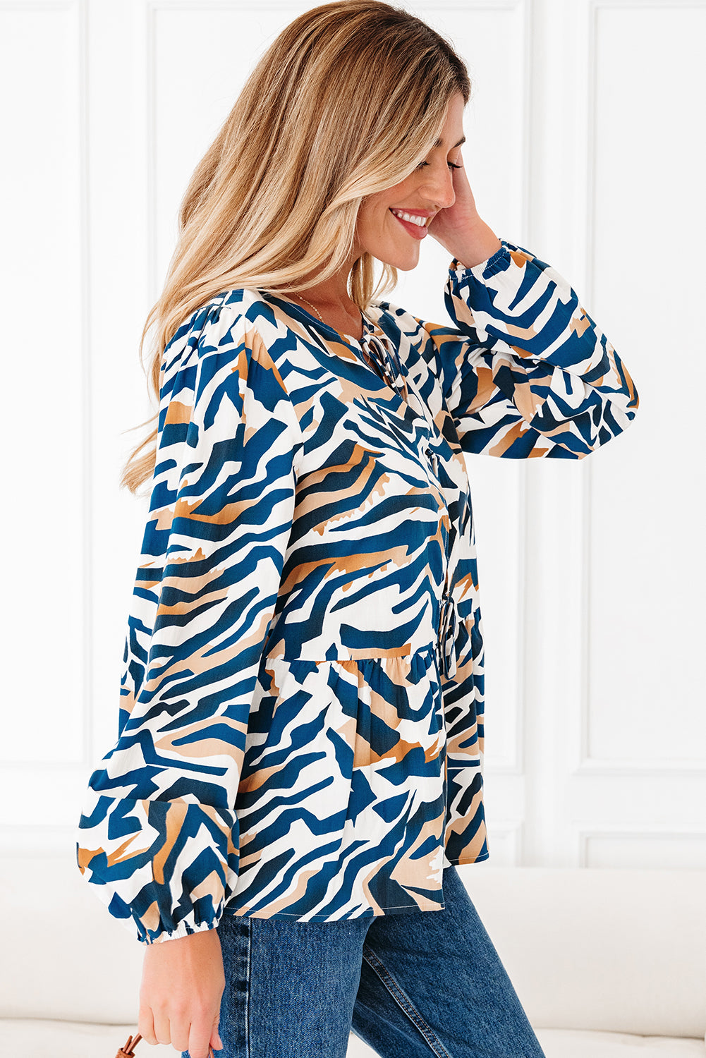 Blue Zebra Print Puff Sleeve Top Tied Front Women S-XL