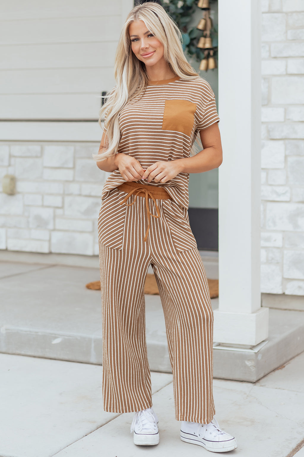 Stripe Crew Neck Tee & Drawstring Cropped Trousers Set | 4 Colours | Sizes 8-22