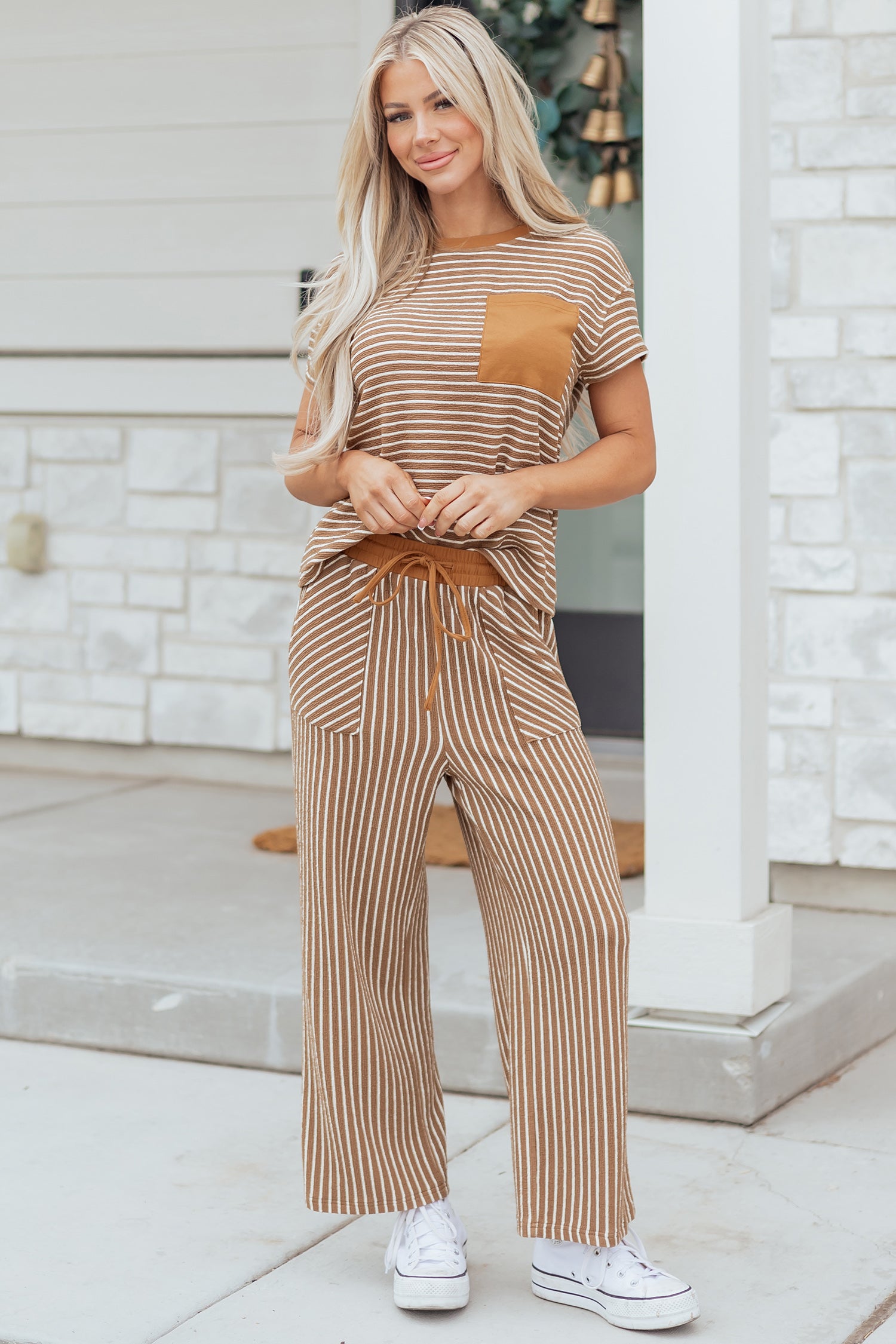 Stripe Crew Neck Tee & Drawstring Cropped Trousers Set | 4 Colours | Sizes 8-22