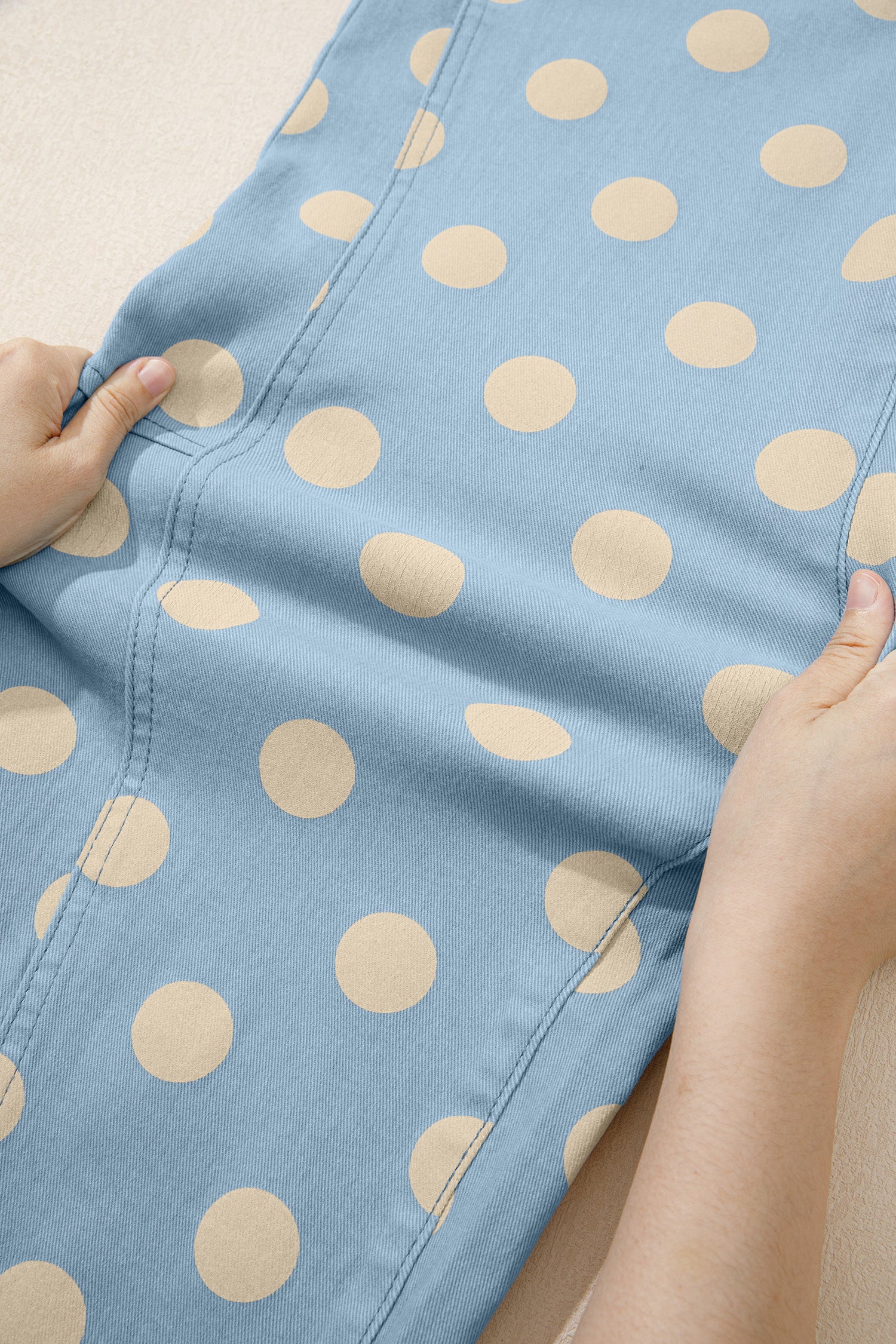 Polka Dot Print Bow Detail Pocketed Loose Jeans | White & Sky Blue