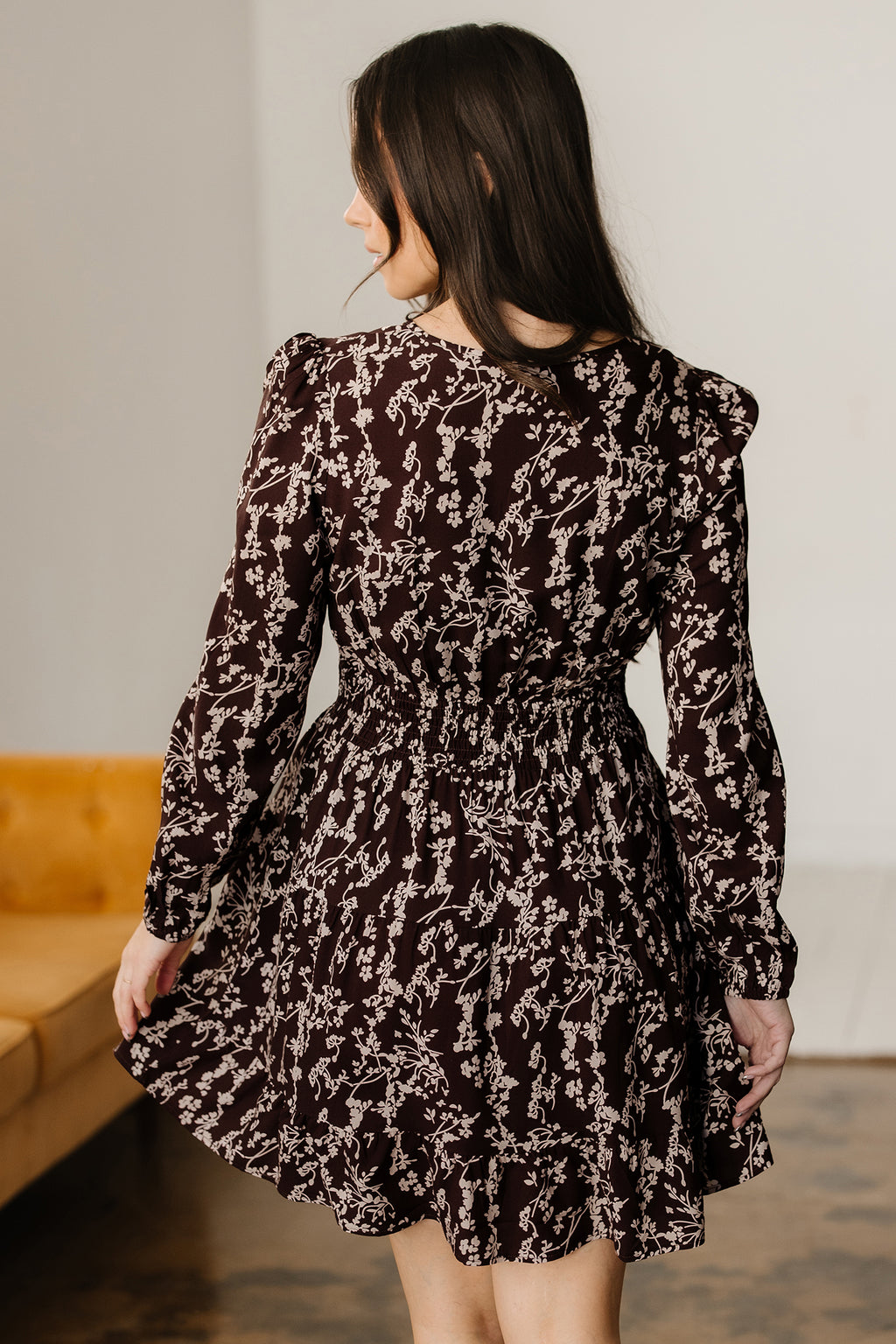 Brown Ditsy Floral Mini Dress Split Neck Long Sleeve Shirred Waist Flared Women S-XL