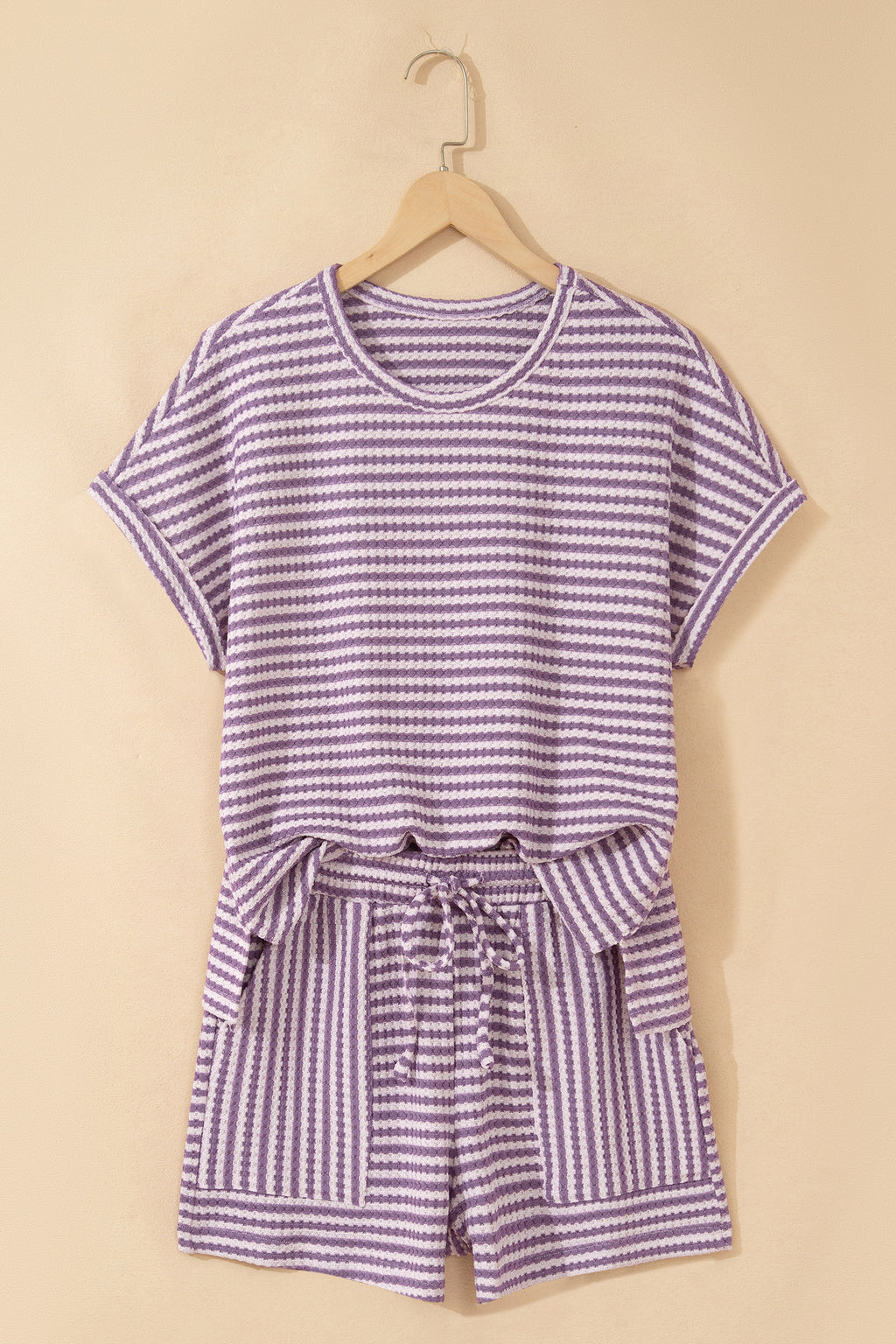 Stripe Textured Knit Top & Shorts Co-ord Set | Brown, Black & Purple | UK 8–18