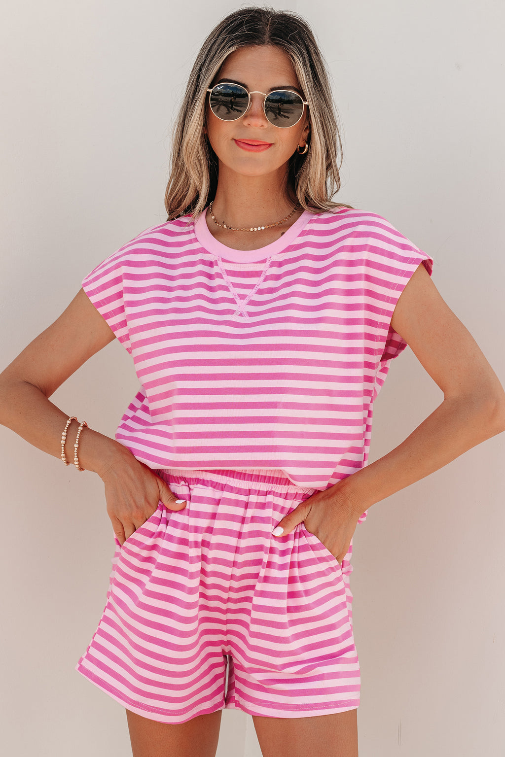 Pink Stripe Cap Sleeve Tee & Elastic Waist Shorts 2pcs Co-ord Outfit