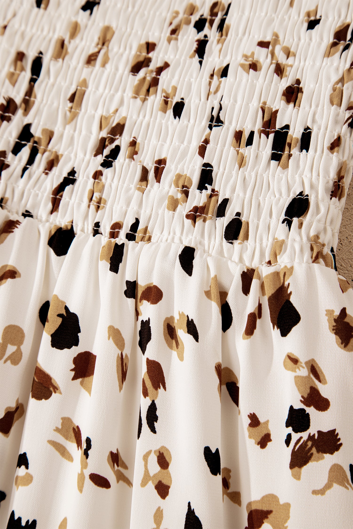 Women's Beige Ditsy Floral Smocked Square Neck Ruffle Sleeve Midi Dress S-XL at LivelyLooks