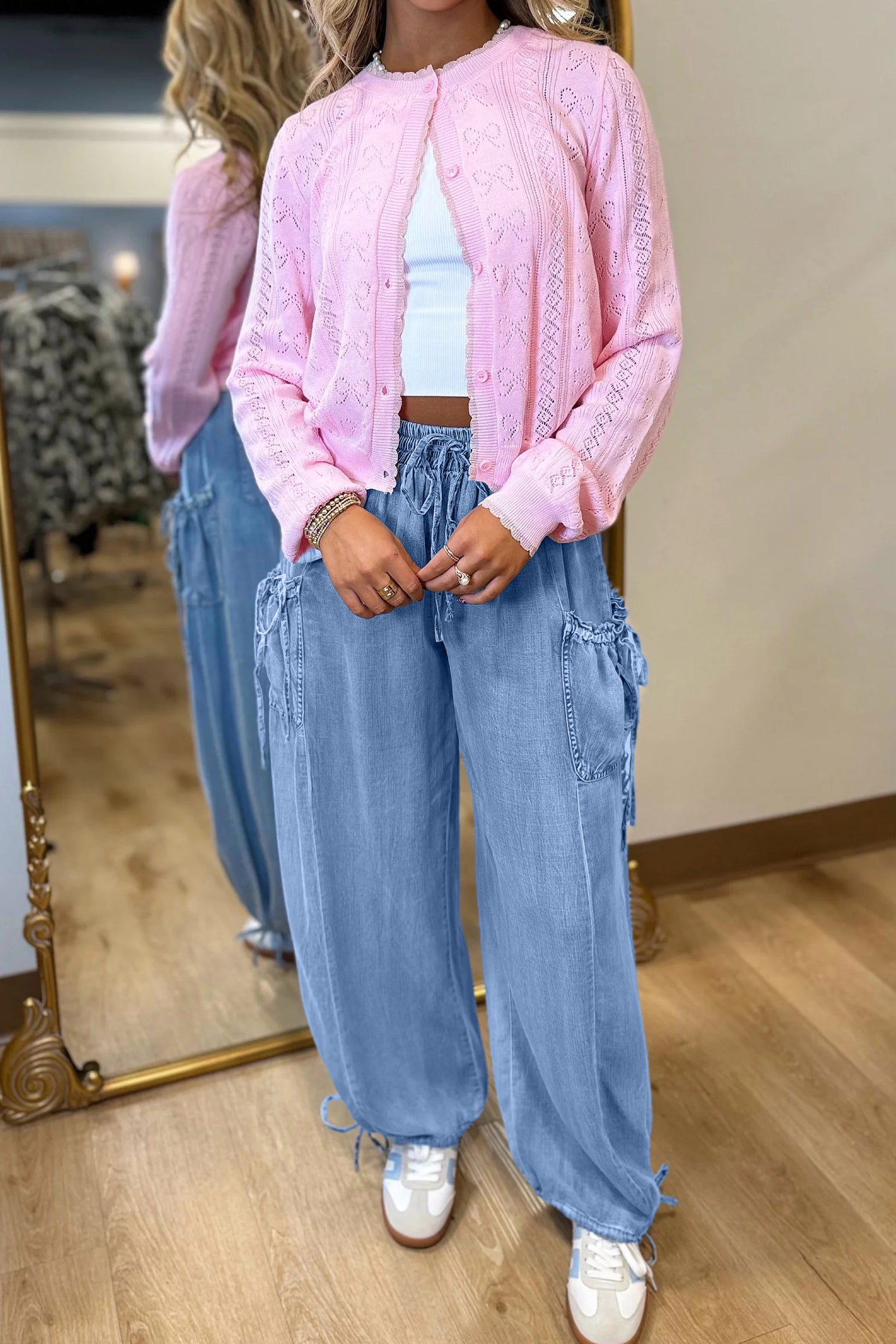 Beau Blue Drawstring Elastic Waist Pocketed Loose Denim Pants | UK 8–18