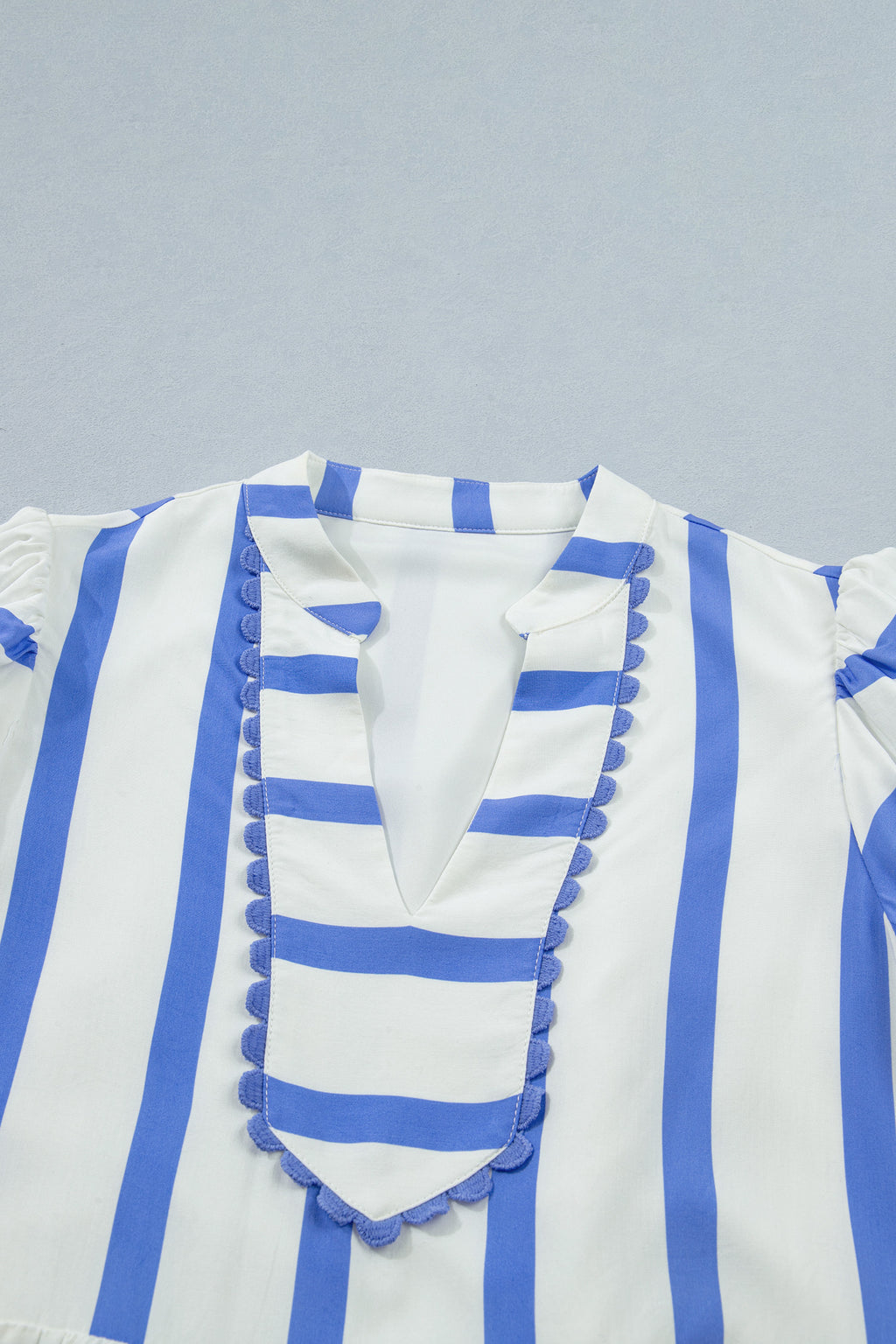 Women's Sky Blue Stripe Split V Neck Puff Sleeve Summer Blouse at LivelyLooks