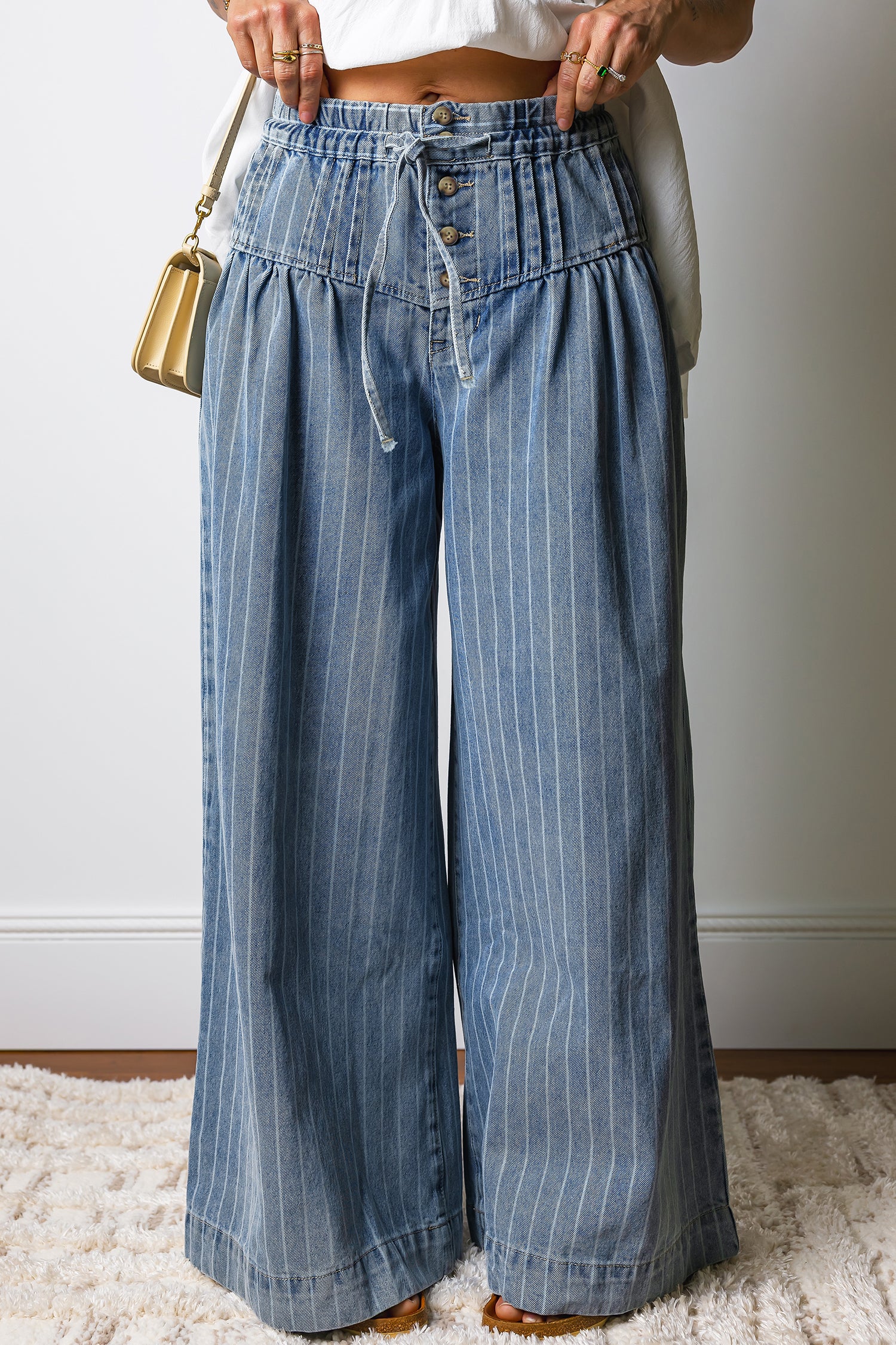 LivelyLooks Stripe Button Pleated Drawstring Waist Casual Wide Leg Jeans Denim Trousers Blue women's fashion