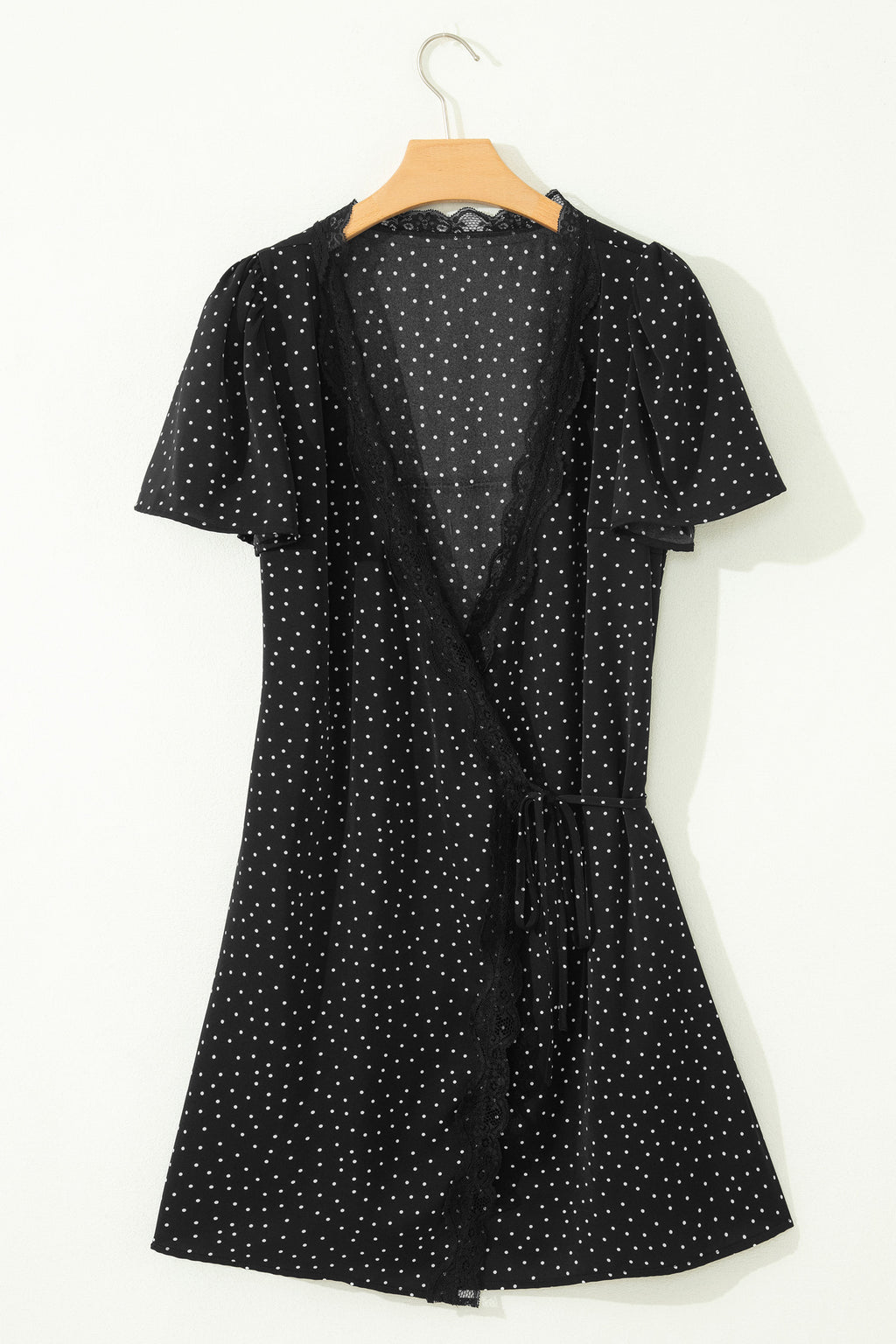 Shop Black Polka Dot Lace Trim Wrap Mini Dress | UK Sizes 8-20 at LivelyLooks