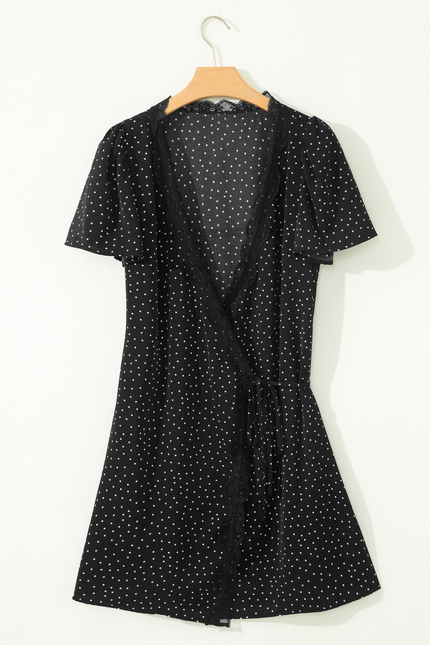 Shop Black Polka Dot Lace Trim Wrap Mini Dress | UK Sizes 8-20 at LivelyLooks